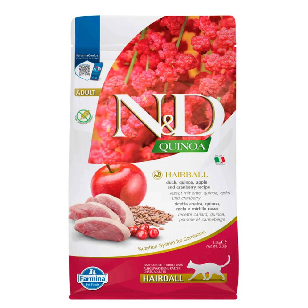 Farmina ND Cat Quinoa Hairball con Pato 1.5kg - Pienso para las Bolas de Pelo de los Gatos sin cereales