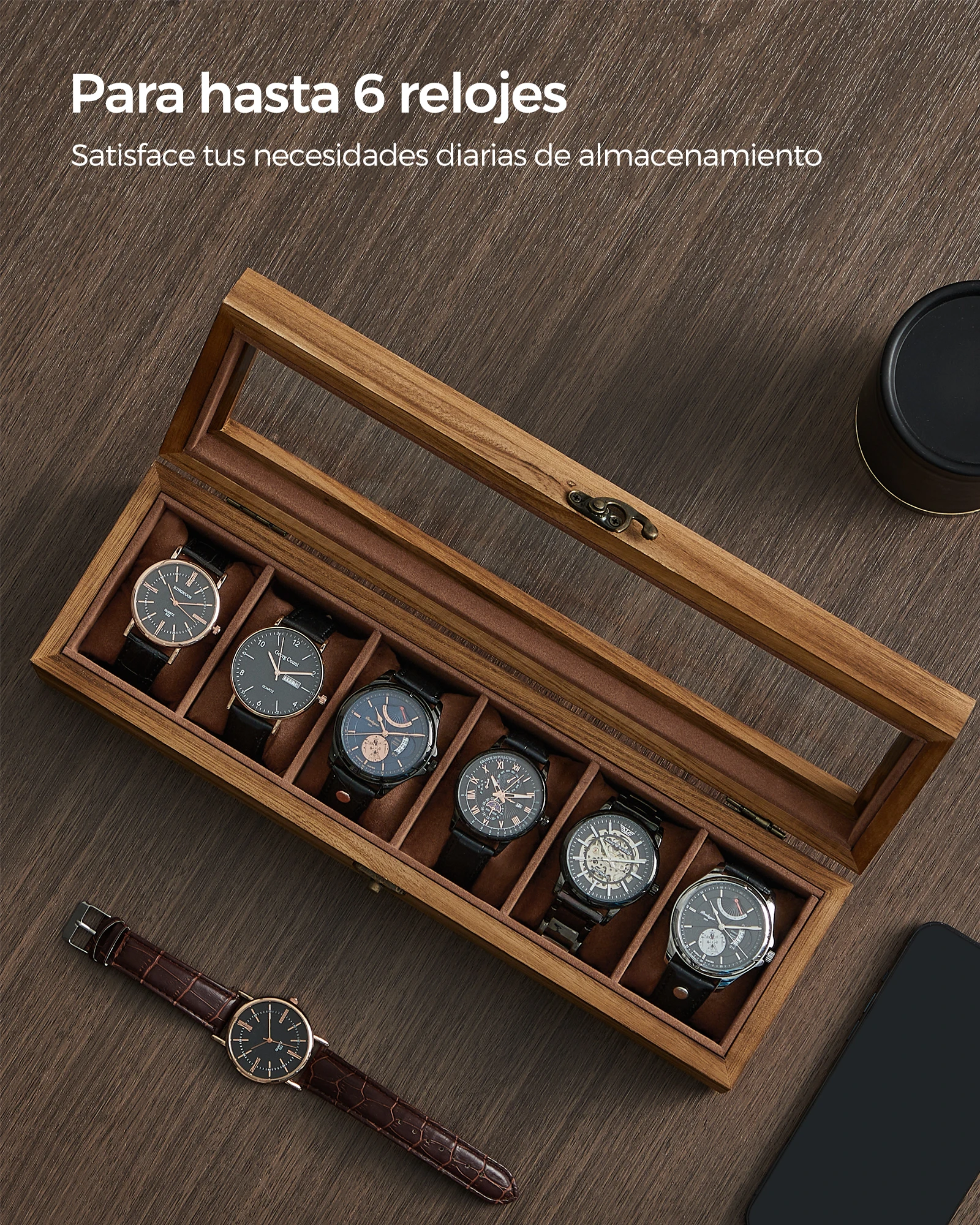 Songmics watch box with 6 compartments, solid wood watch box, with glass lid, watch cushion, gift for loved ones, rustic walnut, christmas gift #3