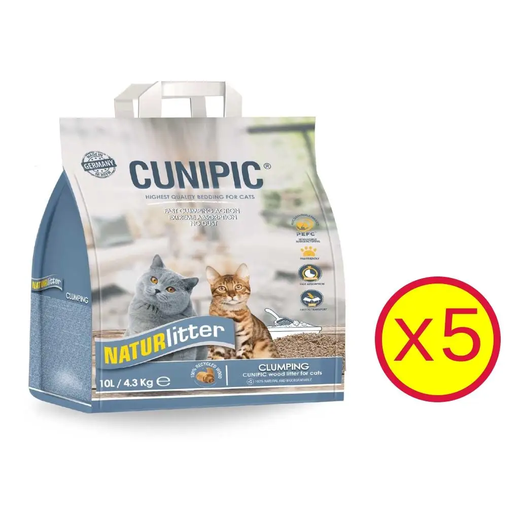 Pack de 5 Cunipic - Naturlitter lecho natural para gatos aglomerante de madera 10L (4,3kg)