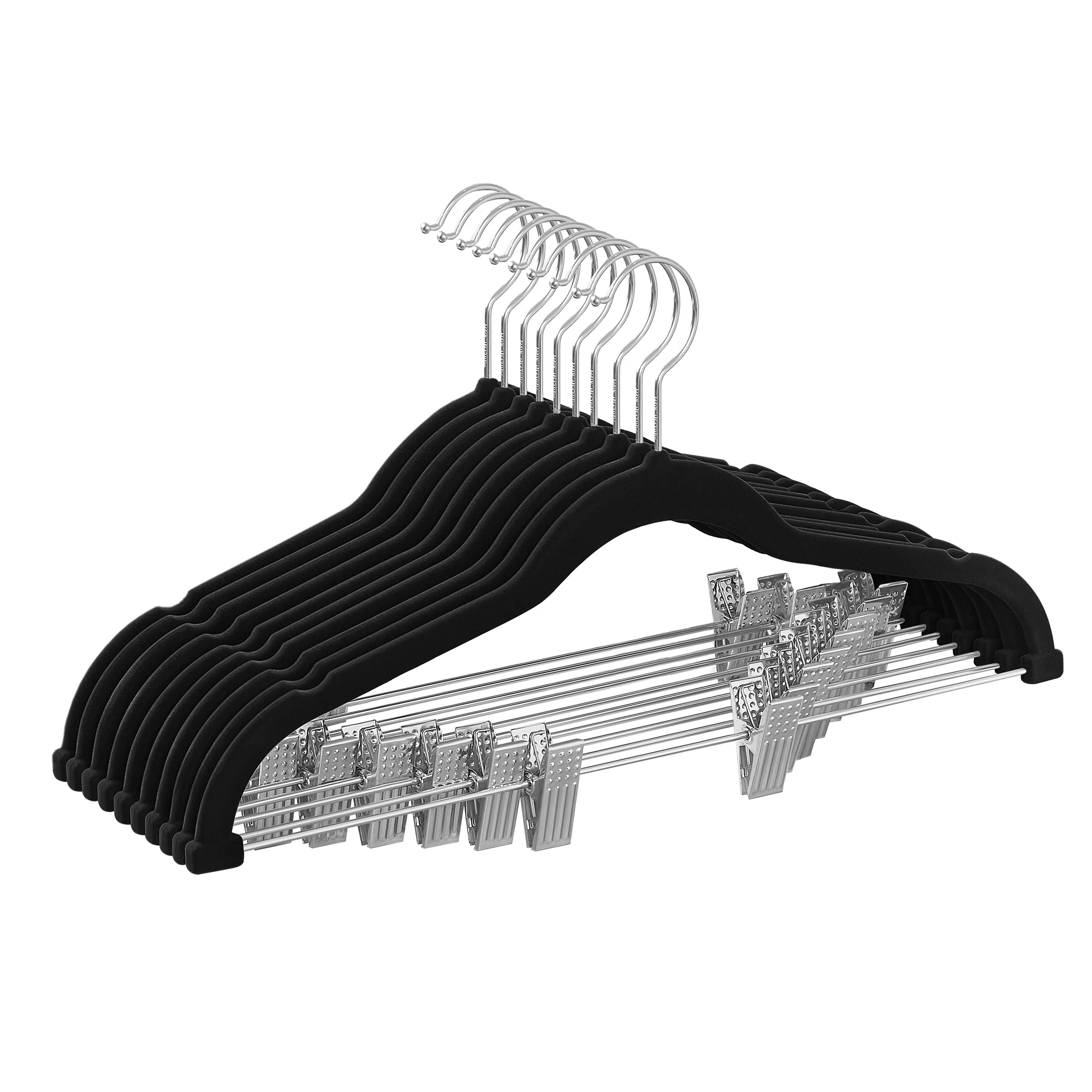 SONGMICS Perchas para Pantalones, 10 Perchas de Terciopelo, 42,5 cm de Largo, con Clips Ajustables, Antideslizantes, Ahorra Espacio, para Pantalones, Abrigos, Vestidos, Negro/Blanco