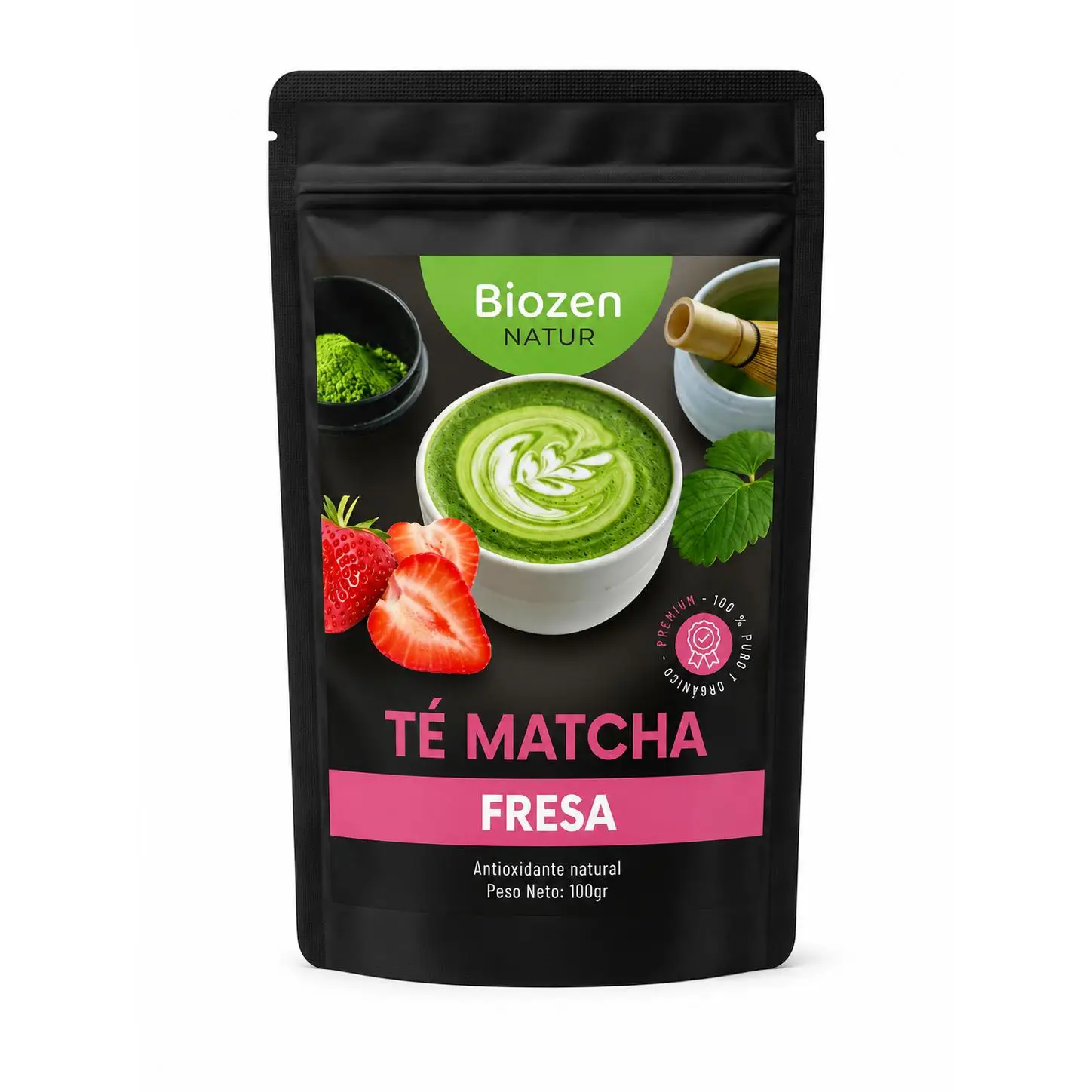 Biozen Natur - Té Matcha Fresa 100 g con sabor natural de fresa y matcha, energético, ideal para desayuno o entrenamiento, sin gluten ni OMG, vegano y ecológico