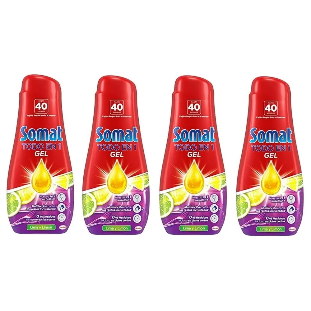 Somat Todo en 1 Lavavajillas gel Lima y Limón, Pack de 4X40 Total 160 Lavados, Jabón Lavavajillas Con Gran Poder De Limpieza, Vajilla Brillante