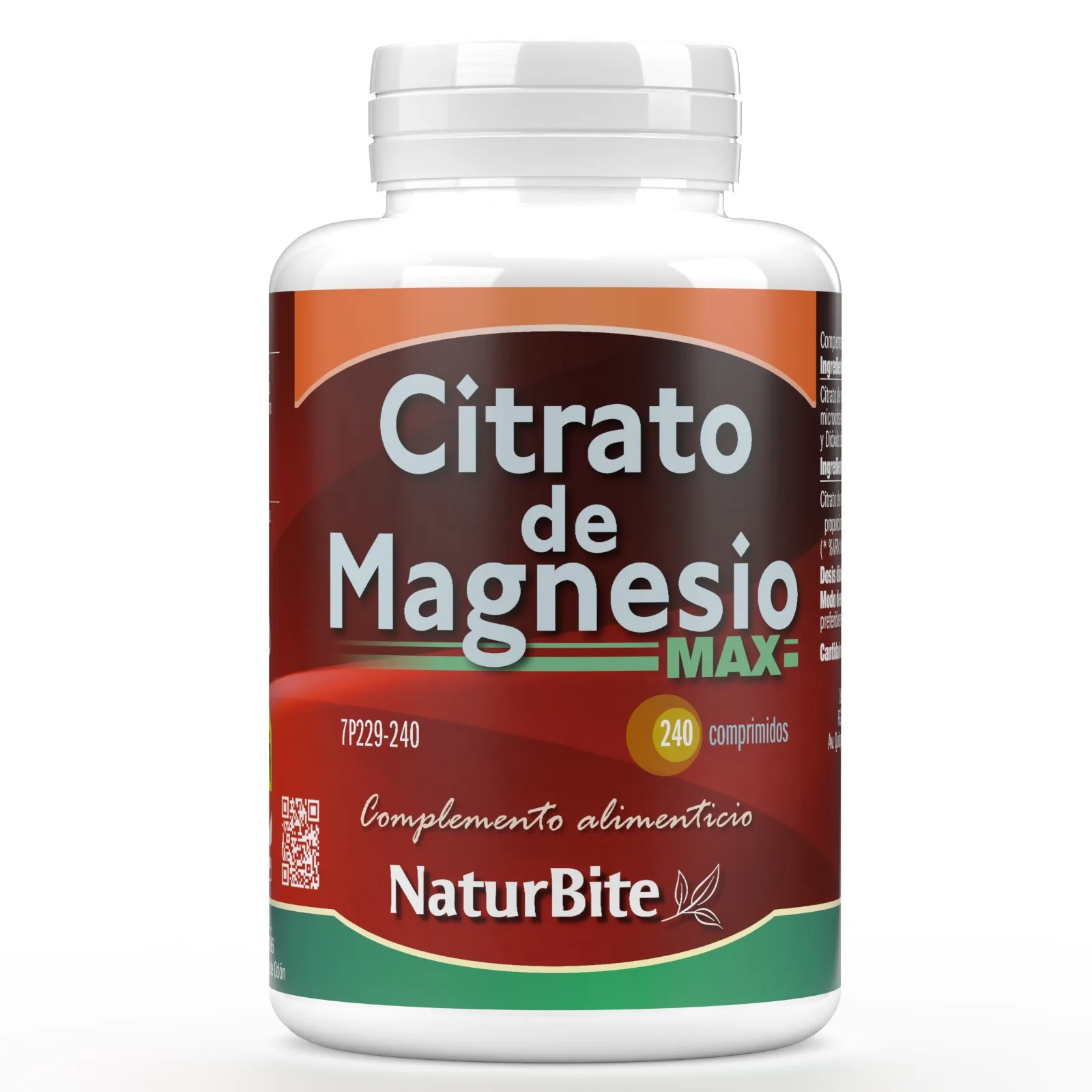 Citrato de Magnesio MAX de NaturBite – 250 mg de Magnesio Elemental por Comprimido, Alta Biodisponibilidad para el Bienestar Muscular, Nervioso y Articular, 240 Comprimidos, Certificado CE