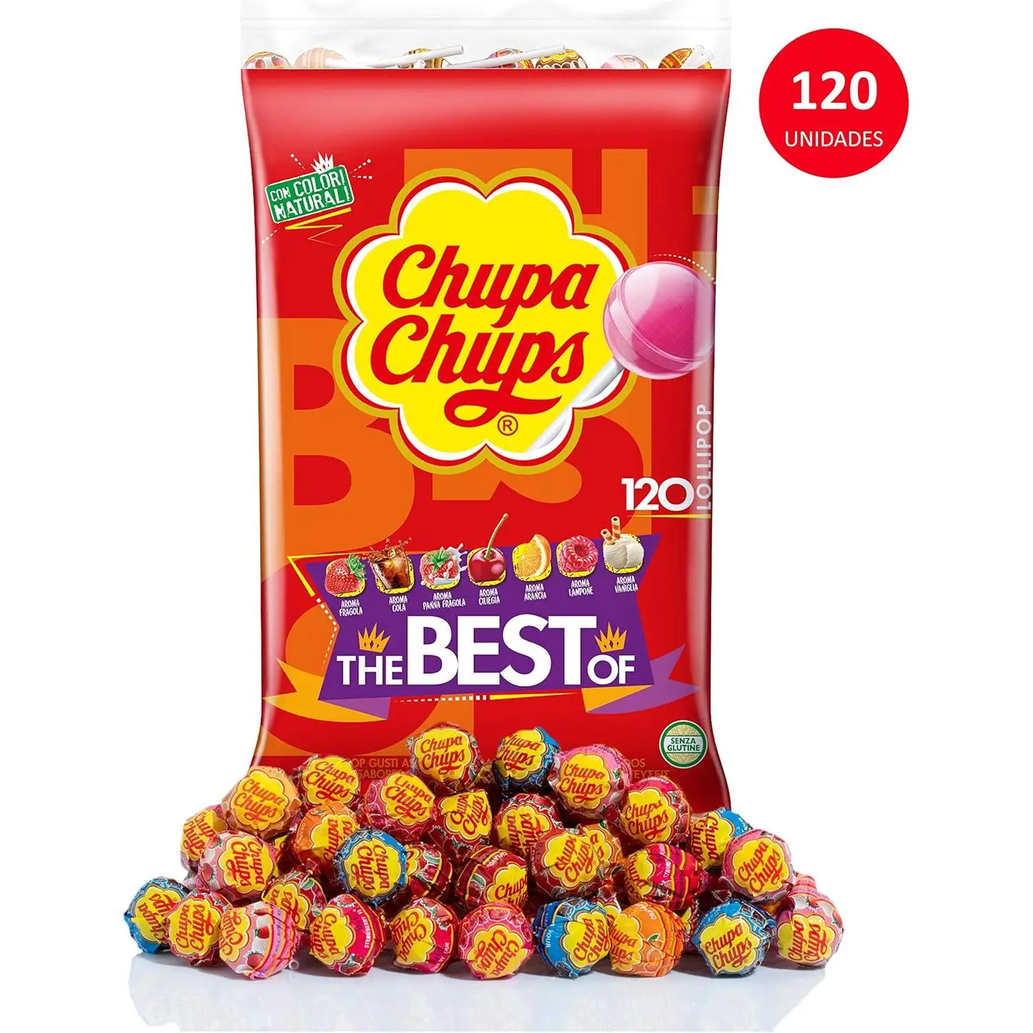 Chupa Chups caramelo con palo bolsa 1440g 120 unidades sabor variado