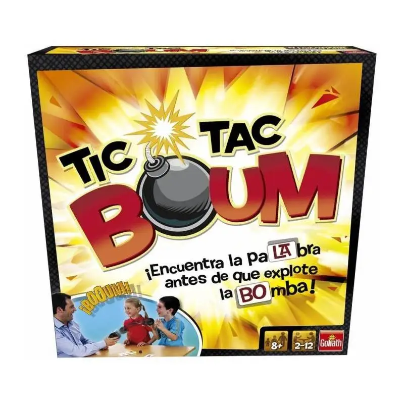 Tic Tac Boum Board Game by Goliath, a fun family game for 2-6 players aged 8+, featuring quick word association and laughter. Requires 2 AAA batteries (not included), measures approximately 26.1 x 8.2 x 26.1 cm, ideal for game nights. #1