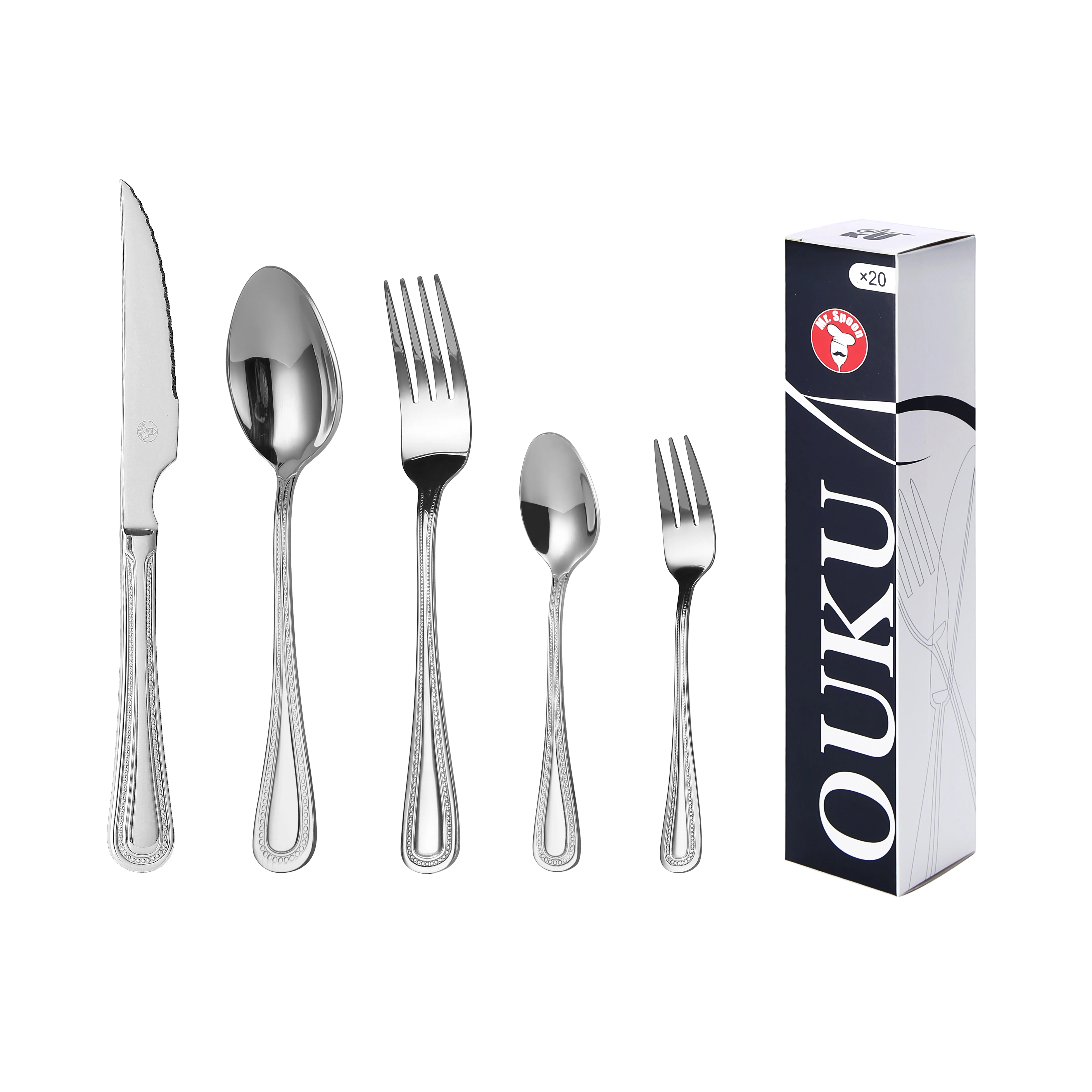 Mr.Spoon Serie Bola Juego 20, 30 o 36 piezas cubiertos,Acero Inoxidable 18/0,Plateado,Económico y funcional,Incluye cuchillo carne o mesa,tenedor,cuchara,cucharilla,etc.Mango monobloque,Apto para
