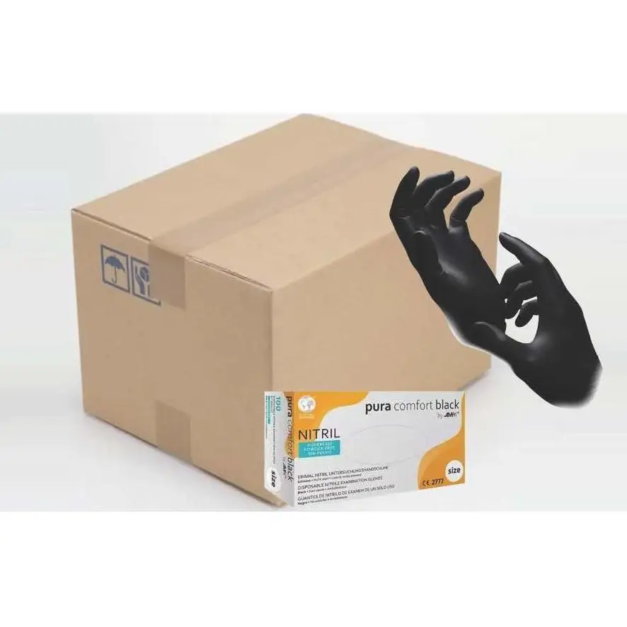 Pack 10 Boxes of 100 Nitrile Gloves, Black, Powder-Free, Pura Comfort Black