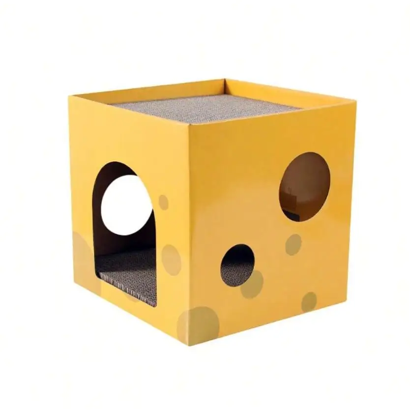 Casa Rascador de Cartón para Gatos Amarilla para Jugar, Rascar y Descansar 30×30×30 cm