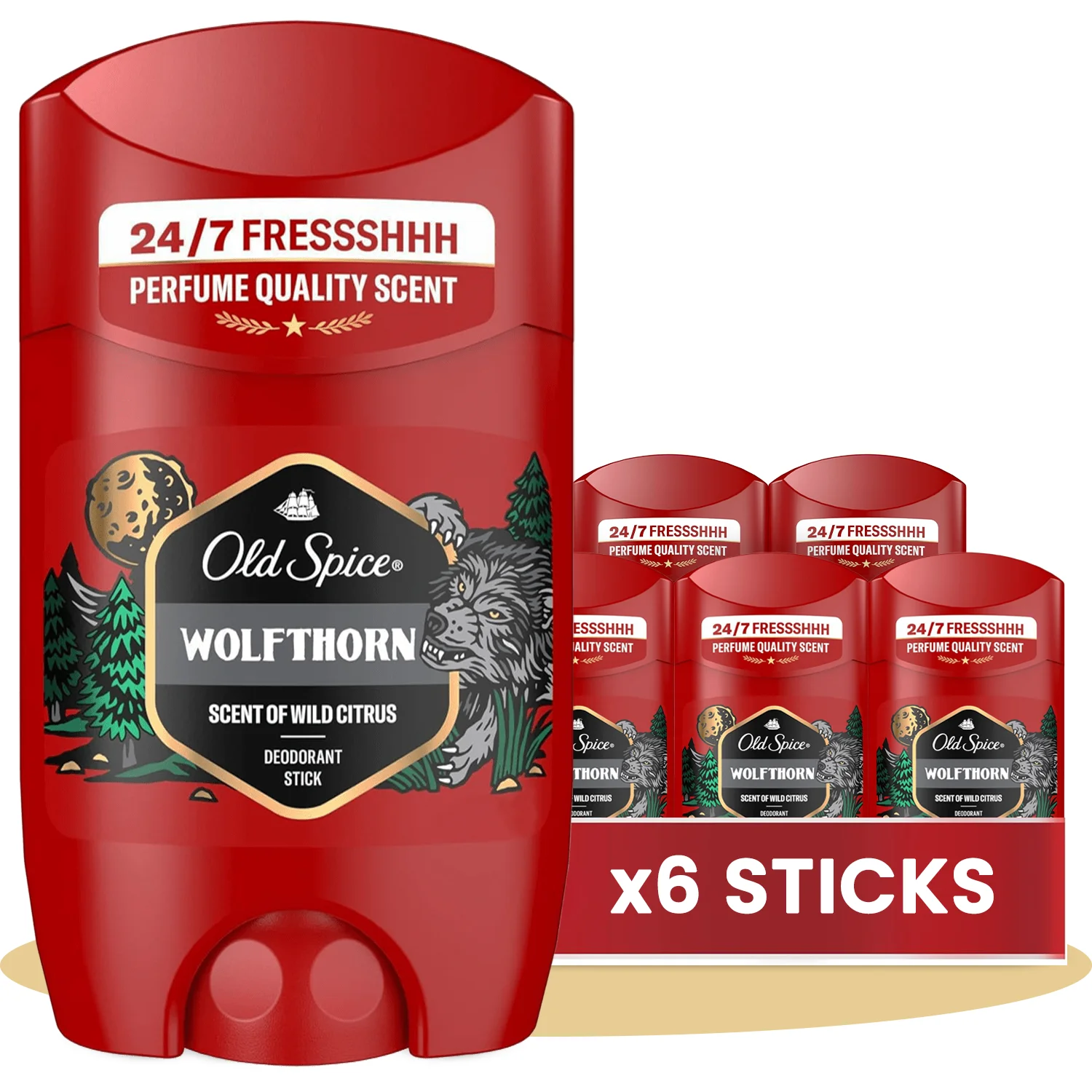 Old Spice Wolfthorn Pack 6 Desodorante en Barra Para Hombres, Fresco 24 Horas, Ideal para Uso Diario, Perfume Duradero, Sin Aluminio, Fragancia Excepcional a Cítricos Silvestres, Protección Contra El
