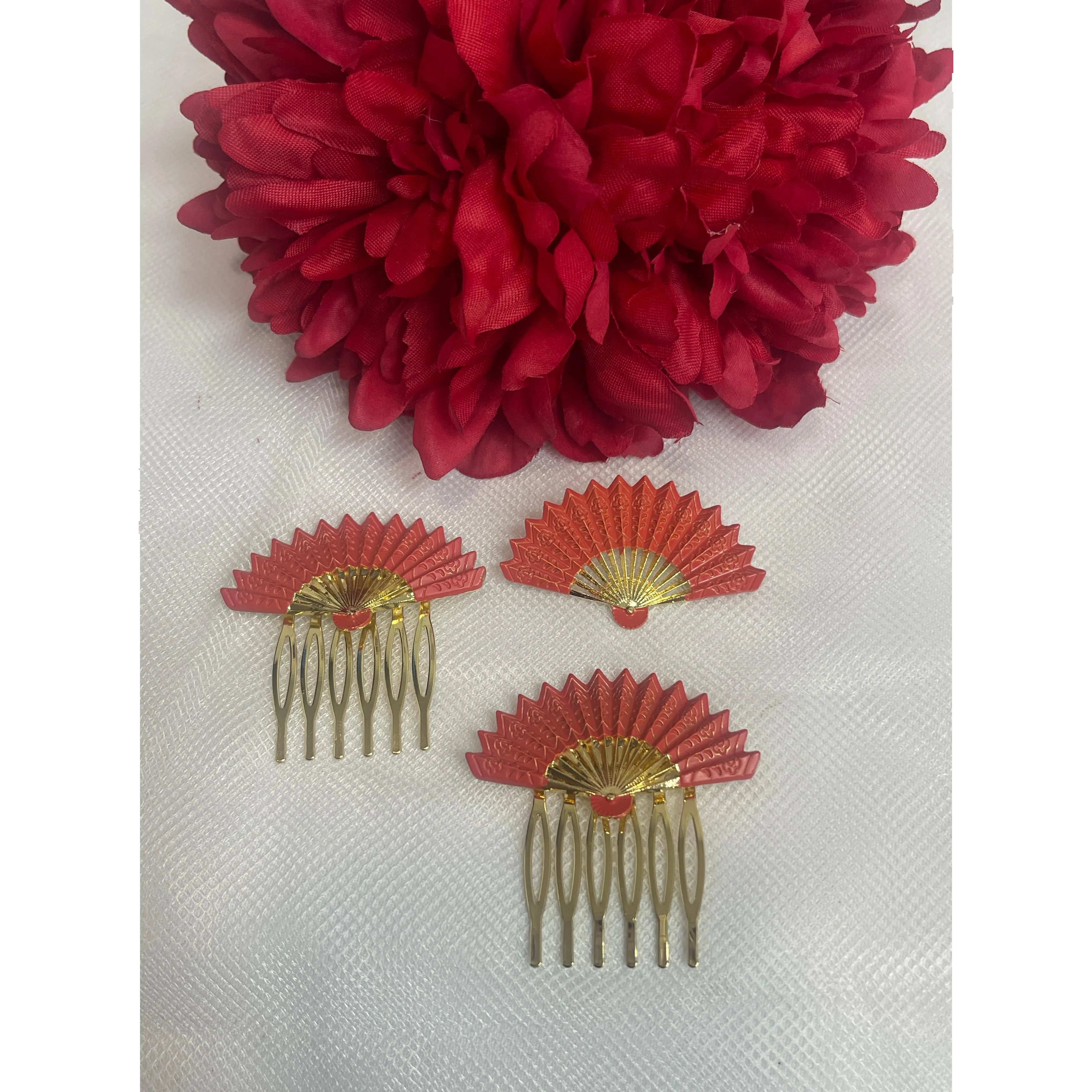 Peineta Flamenca Dorada con Abanico Rojo | Accesorio Pelo Feria, Romería y Traje de Flamenca