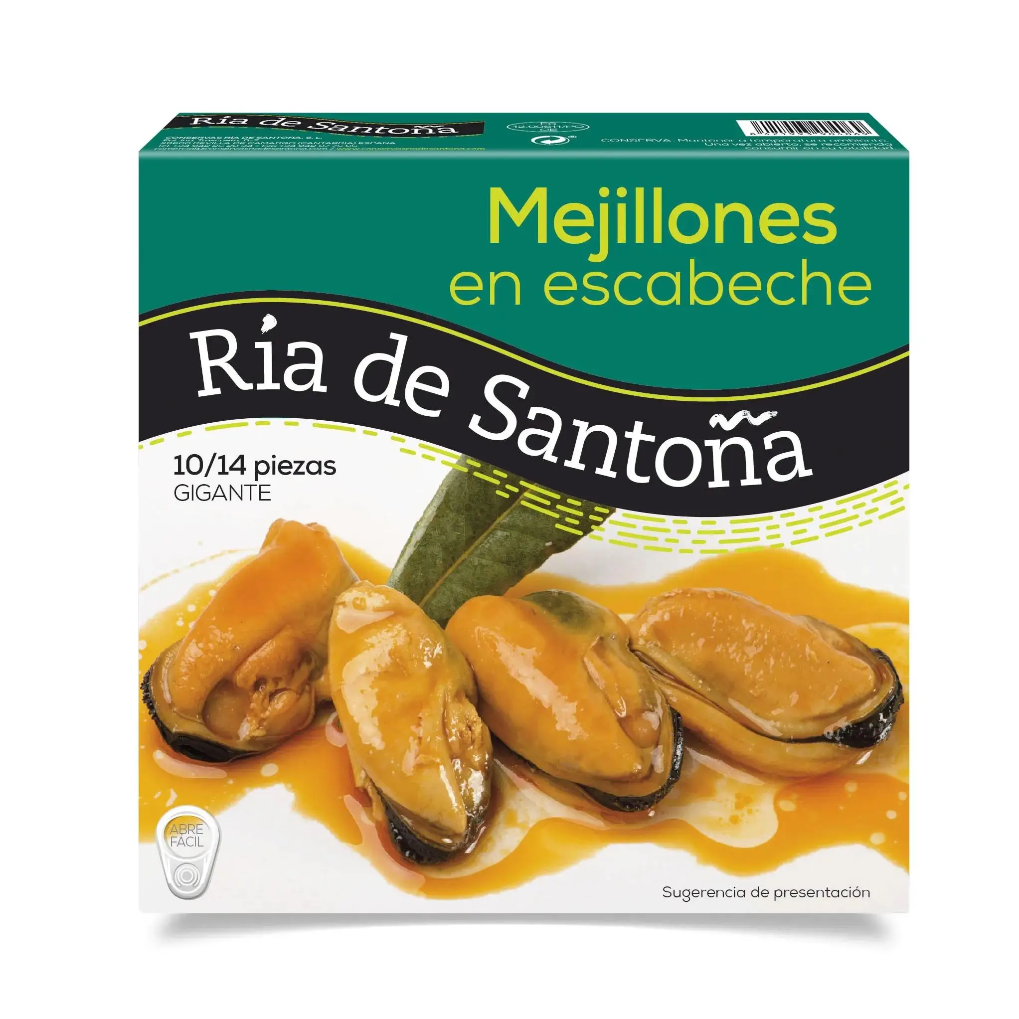 Mejillones en Escabeche Gigantes 10-14 piezas Ría de Santoña, Pandereta de 266g. Deliciosos mejillones seleccionados, producidos en bateas naturales y escabechados con vinagre de vino, especias y aceite vegetal. Perfectos para aperitivos y celebraciones.