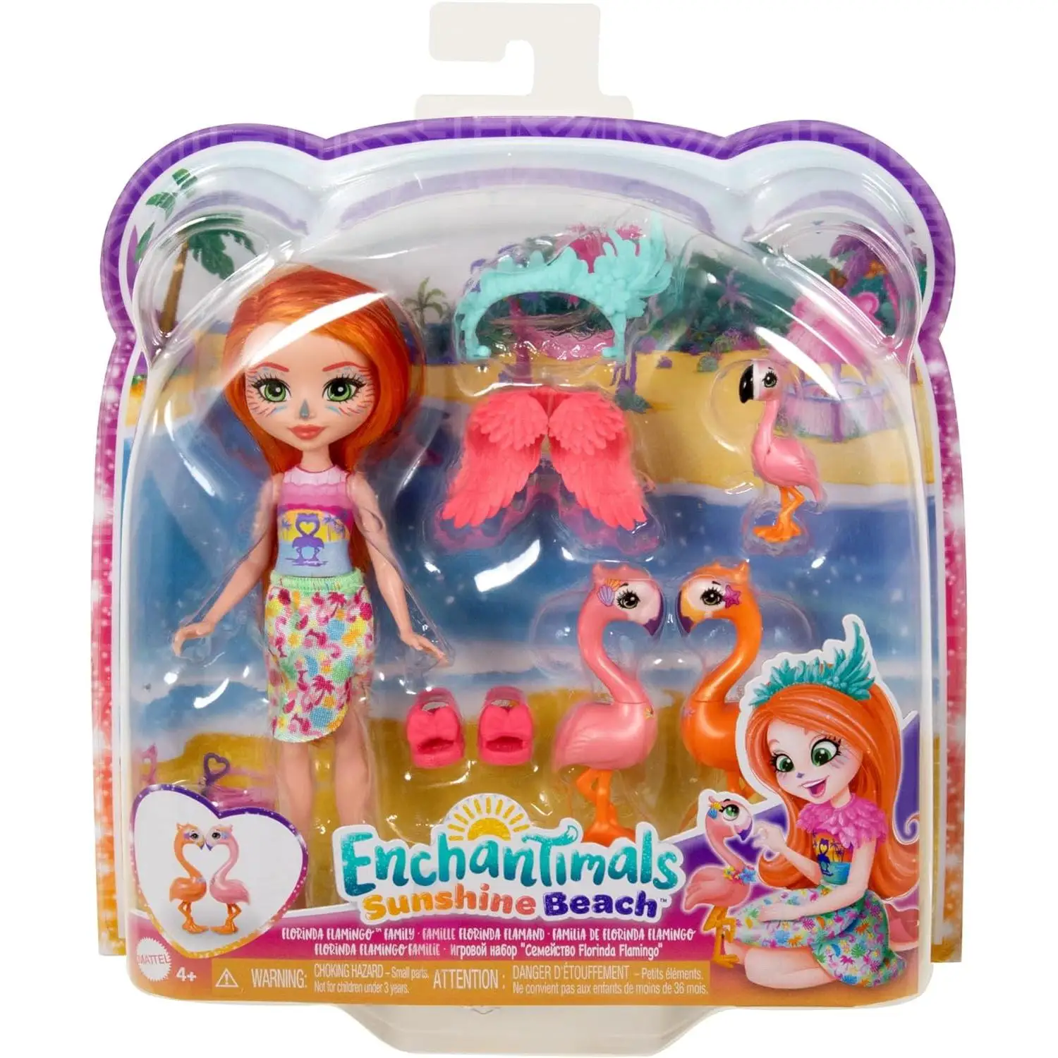 Enchantimals Sunshine Beach doll Florinda Flamingo and family of flamingos pet accessories toy + 4 years (Mattel HRX85)