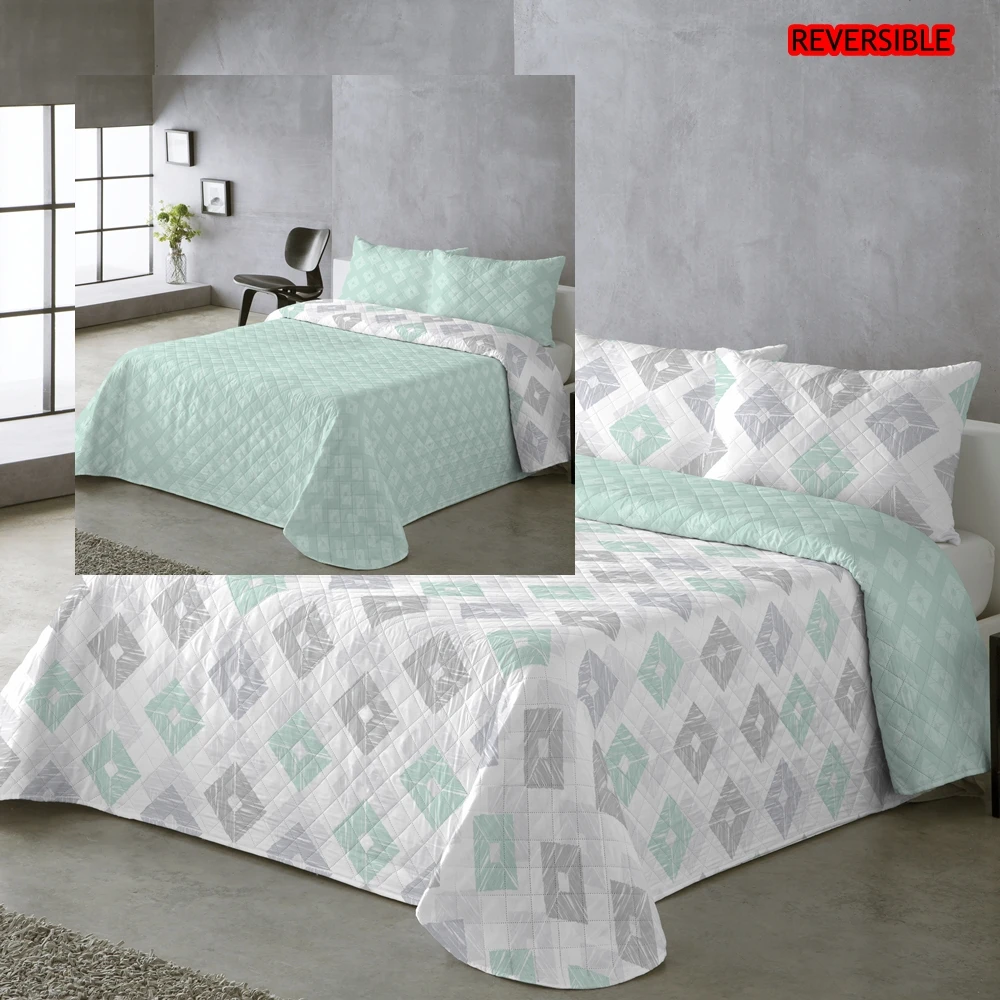 Moda Textil Colcha Bouti Primavera Verano Reversible Color Aqua Mod.Rombos Cama 90 ,105,135 y 150  Ligeras y Suaves Incluye fundas de cojín