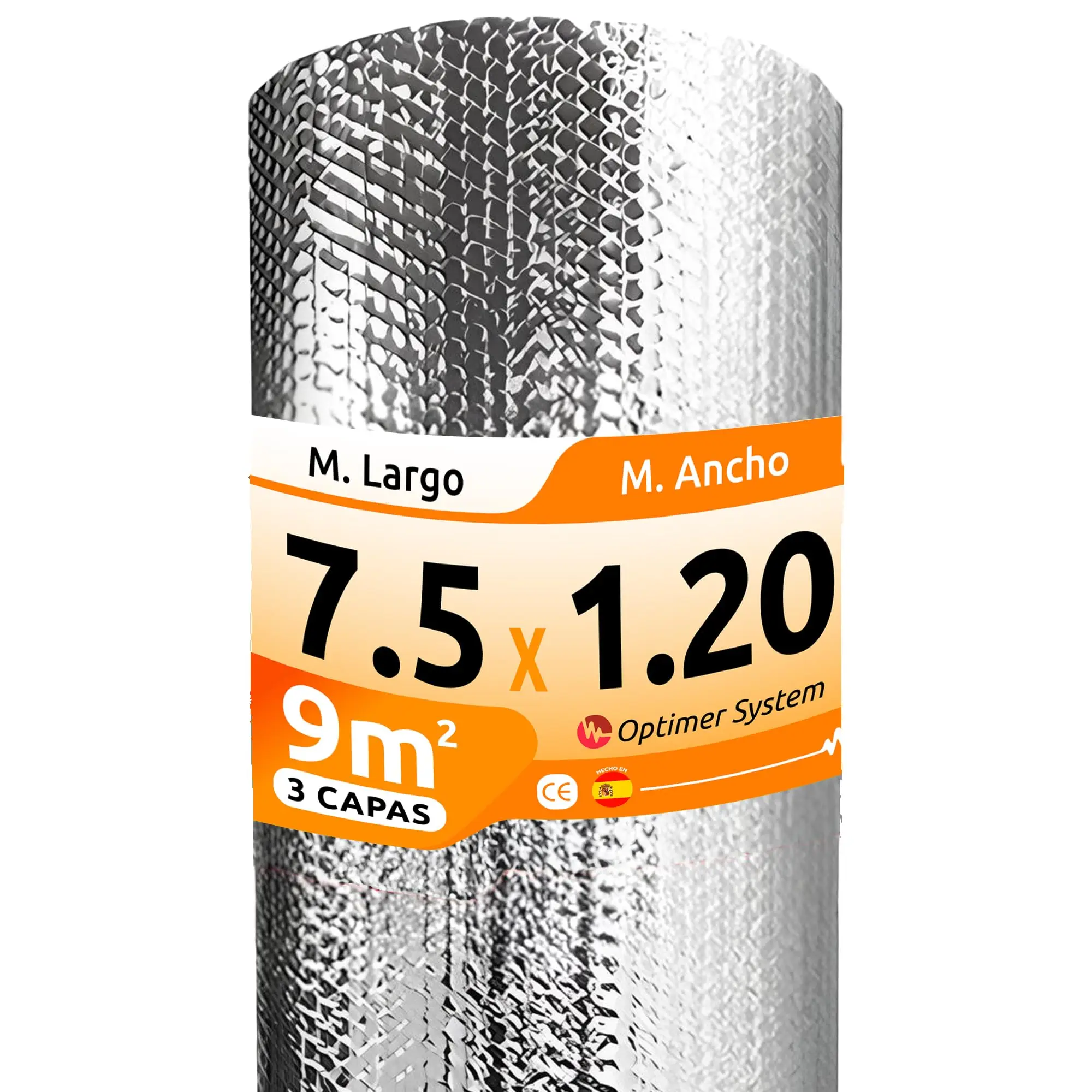 Optimer System  Aislante Termico Ahorra dinero en Electricidad  Rollo Aislante Termico Reduce el Frio y el Calor  Polipropileno 100%  7.5x1.20m  9m²