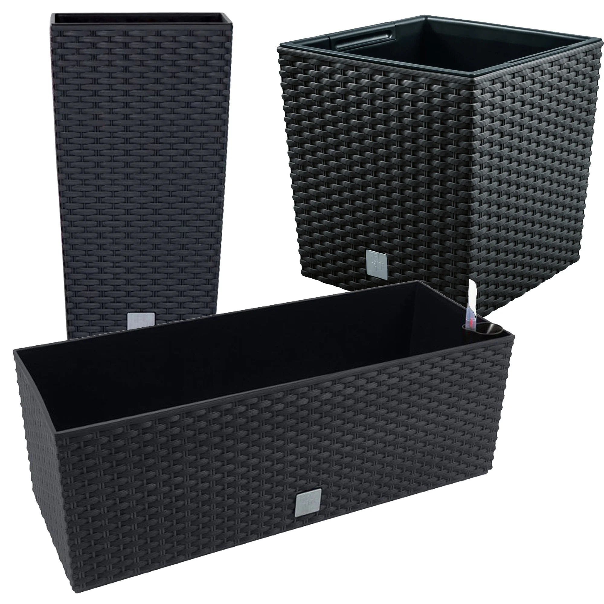 Juego de macetas Rato: 26,6 litros, 64 litros, y jardinera rectangular 17 litros color antracita WELLHOME