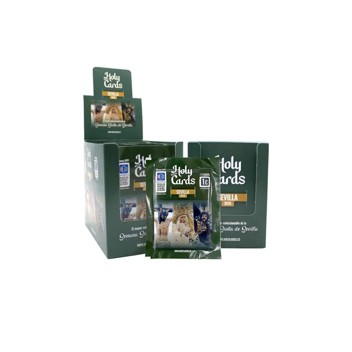 Caja HolyCards/Caja+Álbum Holycards Sevilla 2026 con 50 sobres oficiales, cada uno con 7 cromos, dedicados a la Semana Santa de Sevilla, formato ideal para avanzar en la colección oficial dedicada a la Semana Santa de Sevilla