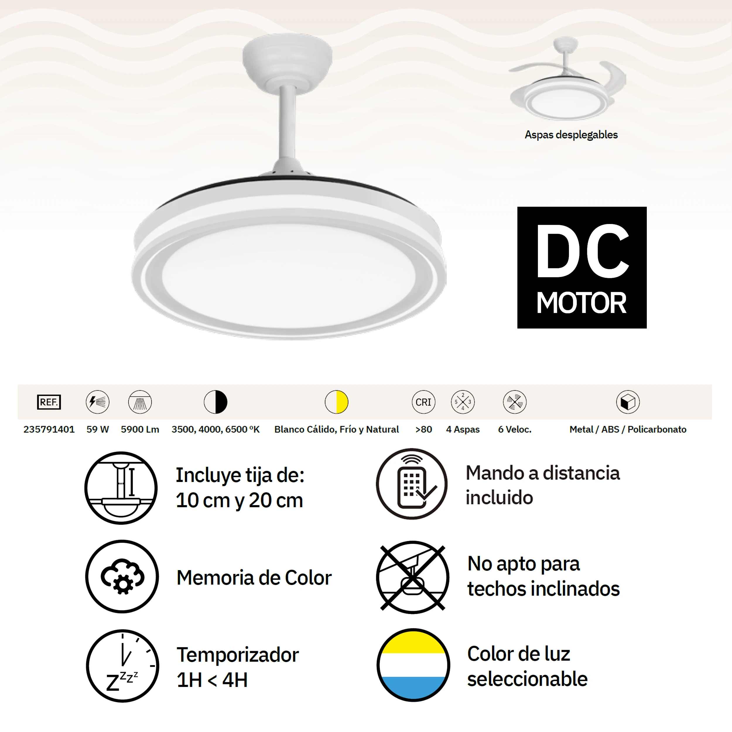 Factory fan Dc bandit 59w White 4 blades 107d 5900lm 3500-4000-6500k remote and timer | Silent
