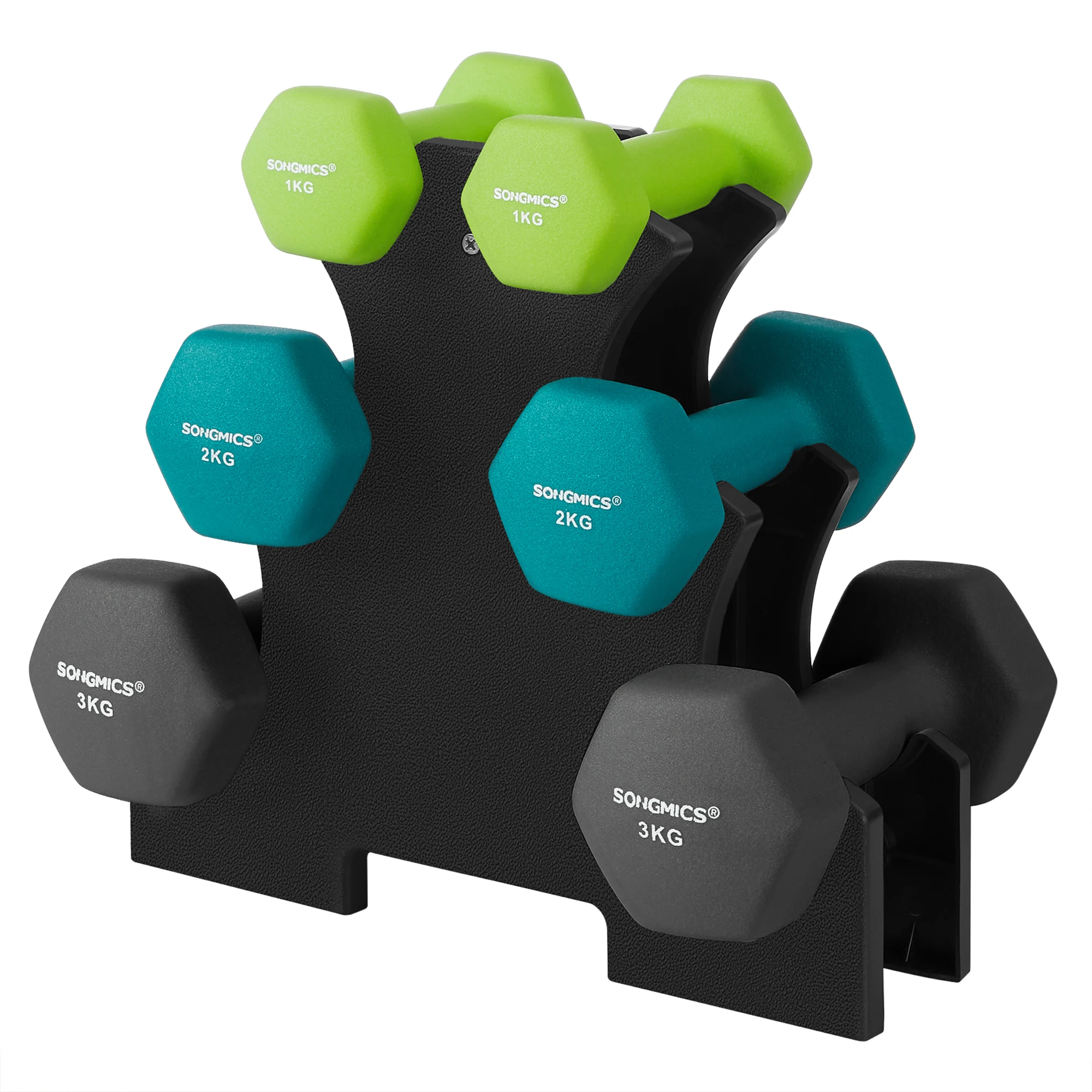 SONGMICS - Juego de mancuernas, 3 pares, 2 x 1 kg, 2 x 2 kg, 2 x 3 kg, soporte de almacenamiento, gimnasio y musculación, revestimiento de neopreno antideslizante