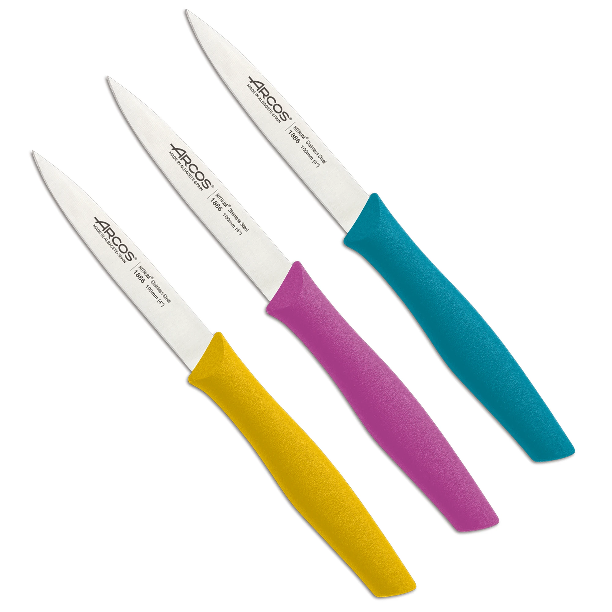 Arcos Cuchillo para pelar Set Cuchillos Pelapatatas 100 mm Cuchillos verduras Acero Inoxidable NITRUM, Envase Ecológico, 3 colores Fucsia, Turquesa y Amarillo