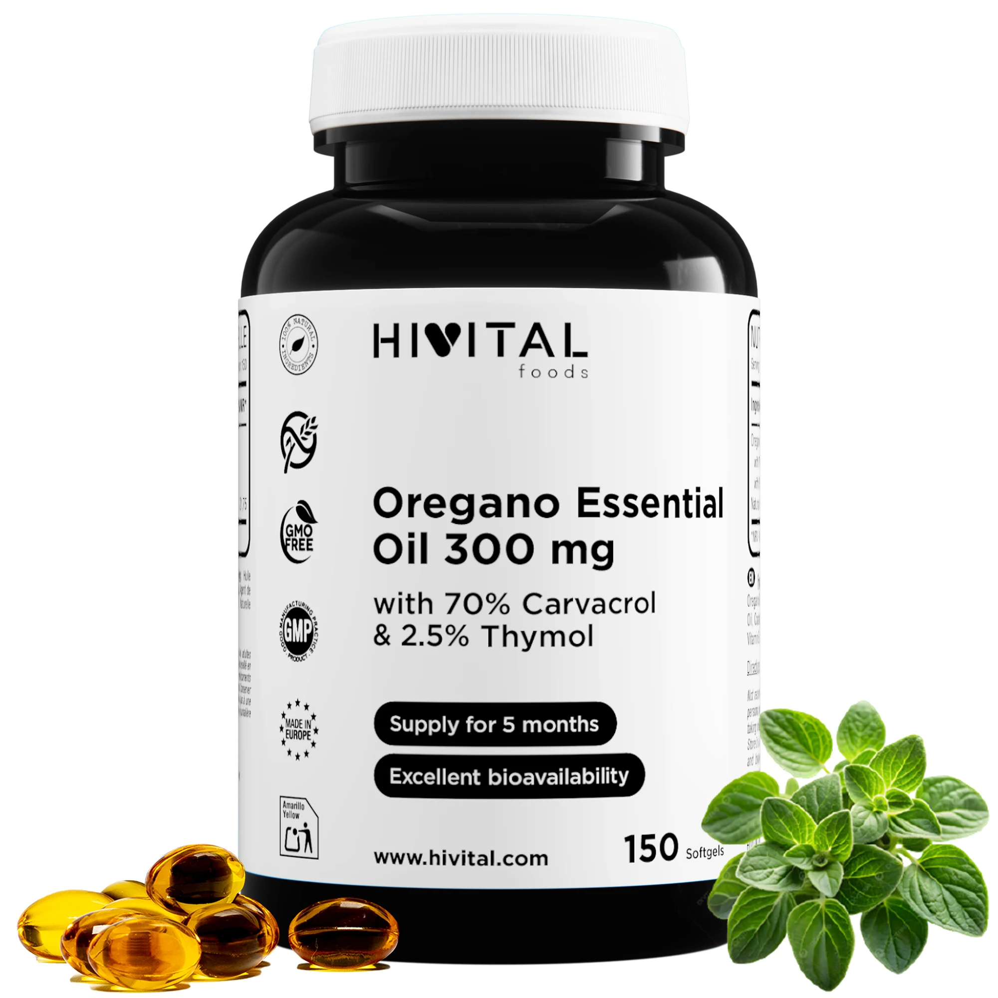 Aceite Esencial de Orégano 300 mg | 150 perlas. Hivital