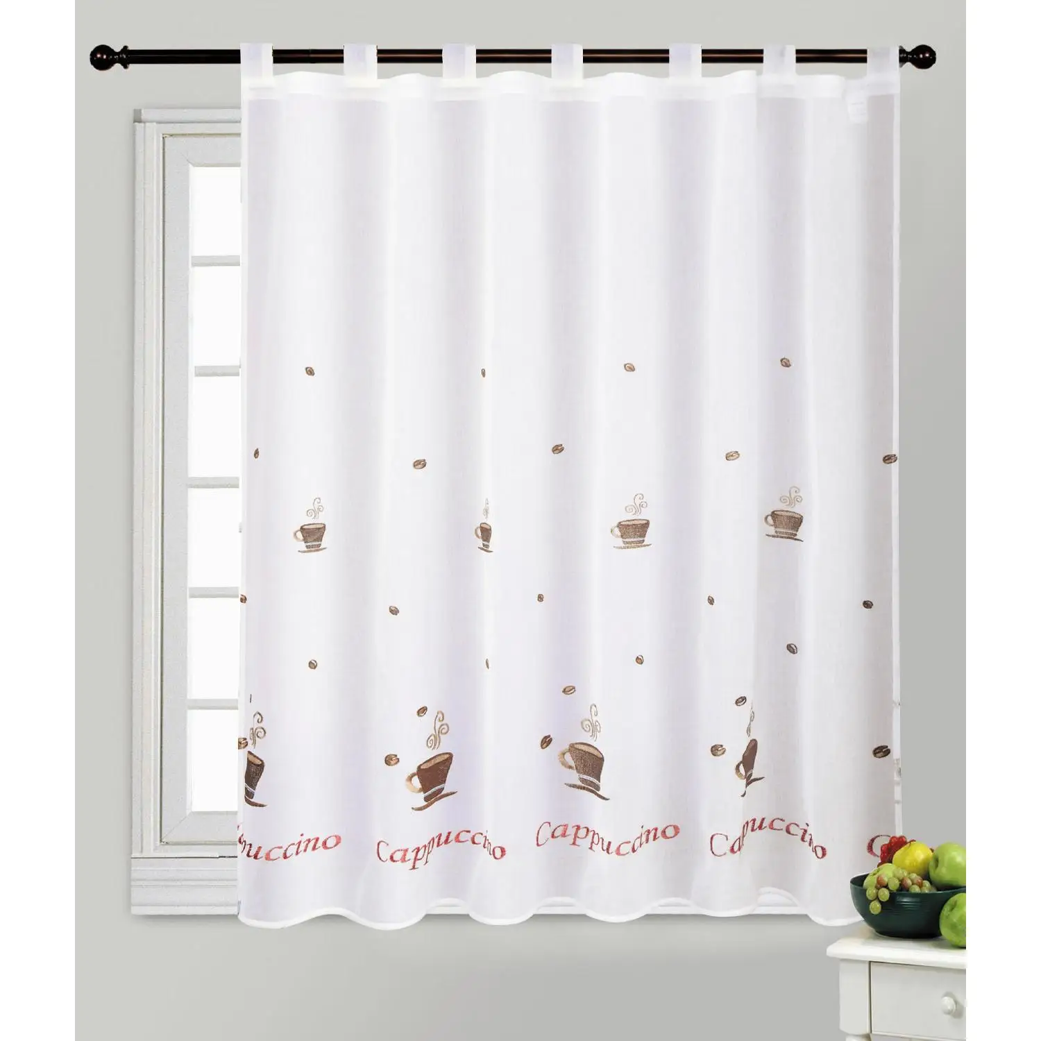 Pack of 2 white translucent kitchen curtains with embroidered drawings 140x140cm, Pack of 2 curtains with loops, translucent curtain for kitchen and living room, curtains of half height.