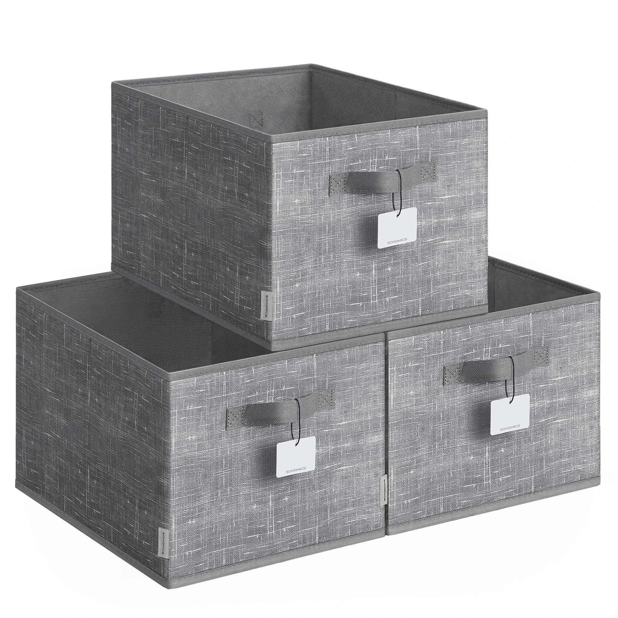SONGMICS Cajas de Almacenaje Plegables, Juego de 3 Cestas de Tela, 40 x 30 x 24 cm, Organizadores de Armario, 2 Asas, Portaetiquetas, para Dormitorio, Salón, Gris Espadaña/Beige Arena