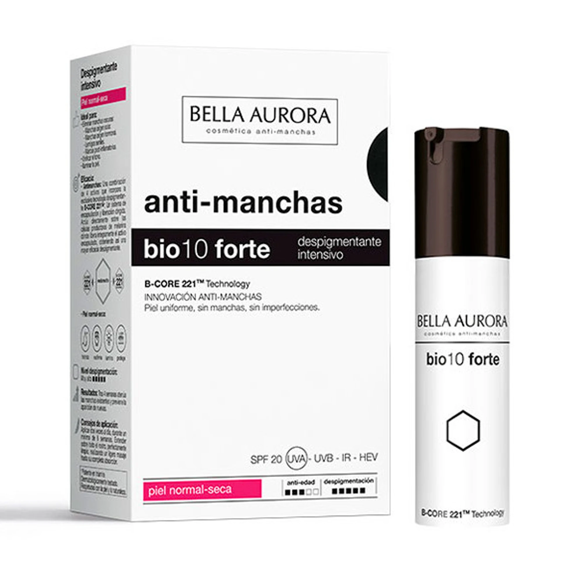 BELLA AURORA - Bio10 Forte Piel Normal 30 ml, Tratamiento Antimanchas Intensivo, Protección SPF20, Tecnología B-CORE221 y Betaína, Actúa y Previene Manchas, Antioxidante