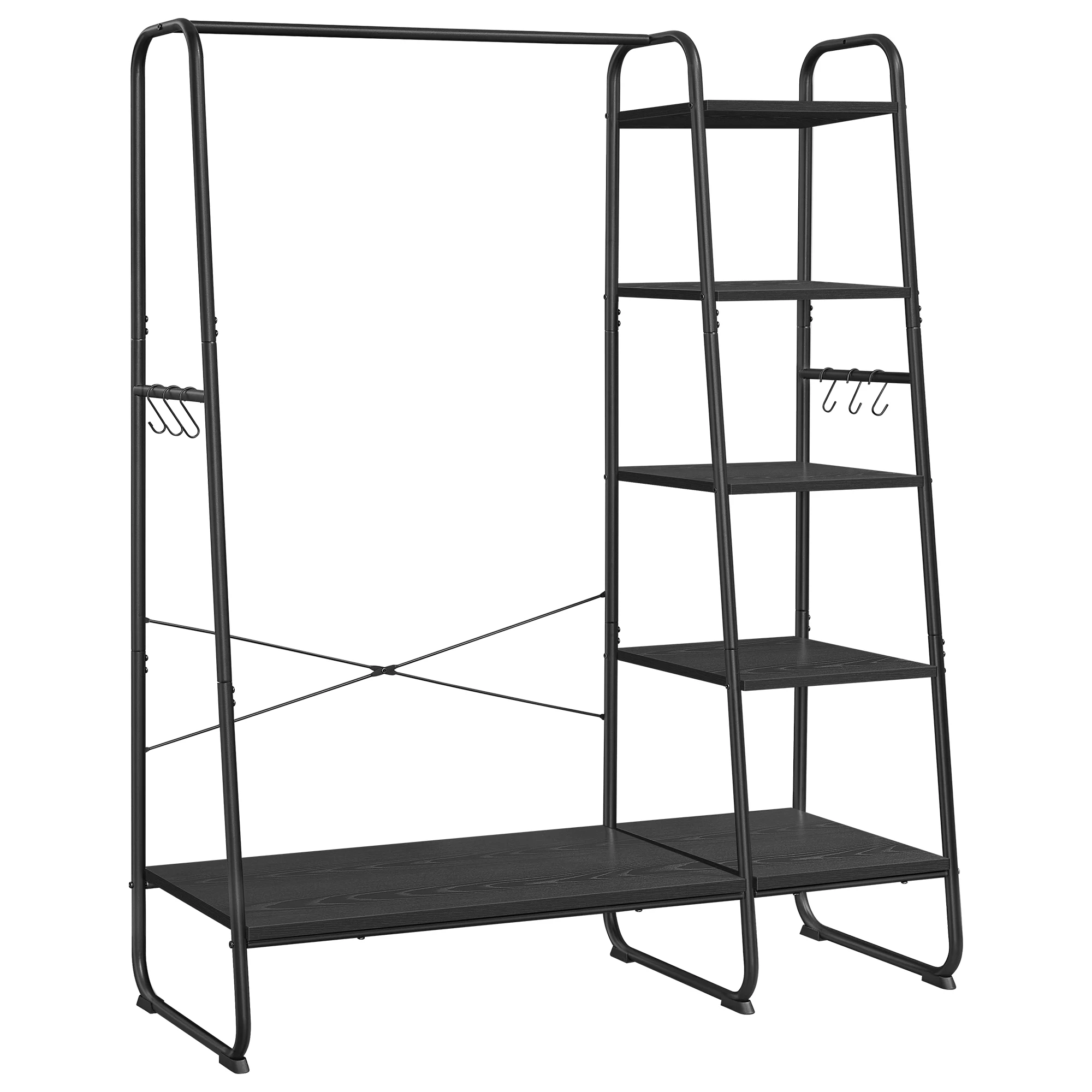 VASAGLE Burro Perchero, Perchero con Zapatero, 5 Estantes de Almacenamiento, 6 Ganchos Laterales, Dormitorio, Sala de Estar, Pasillo, Negro Ébano y Negro Mate/Marrón Turquesa y Negro Mate/Blanco Nube