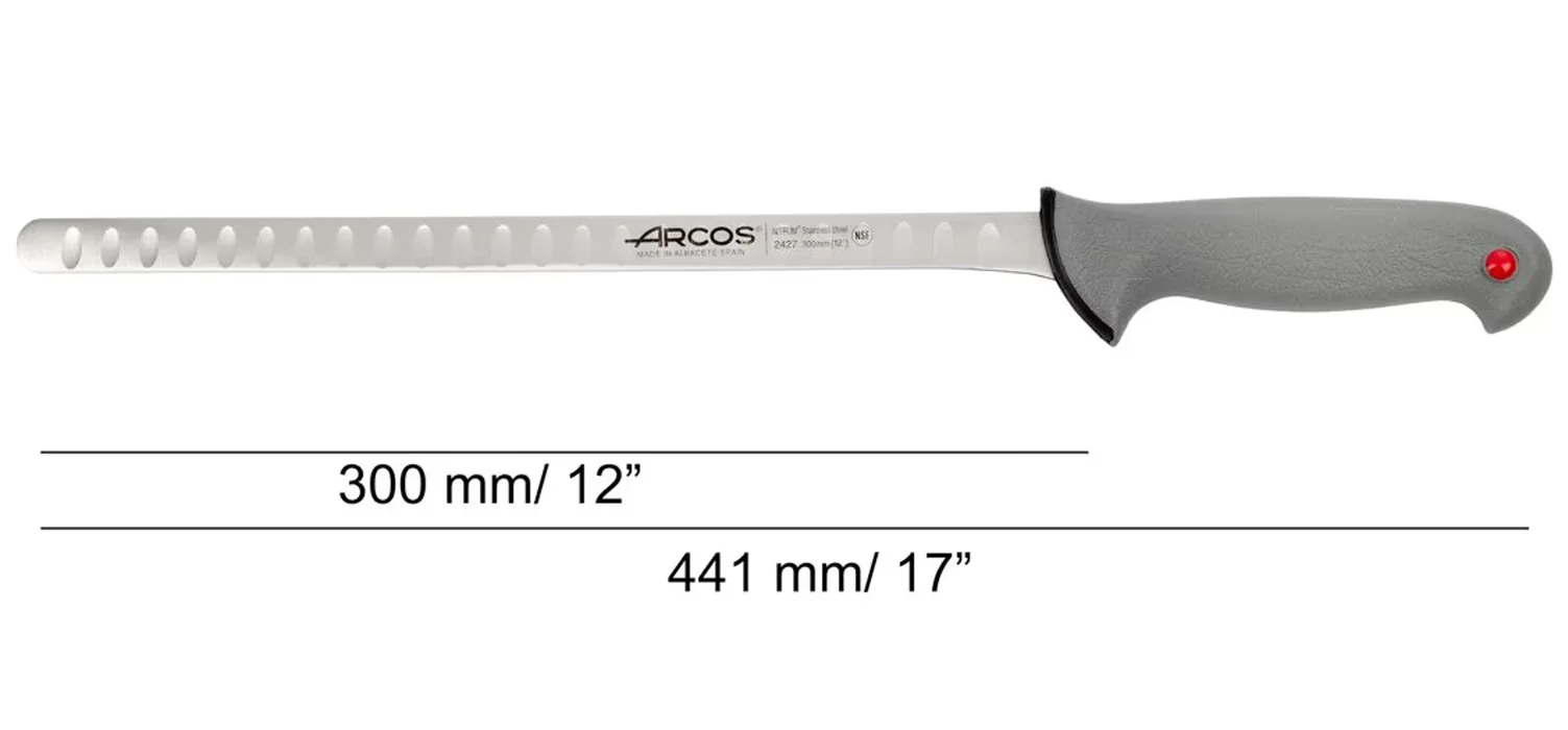 Arcos Color Prof - Flexible Honeycomb Ham/Salmon Knife (300 mm) - Nitrum Stainless Steel Blade ®   - Polypropylene Handle Coated with Soft Rubber - Plugs of Different Colors for Use