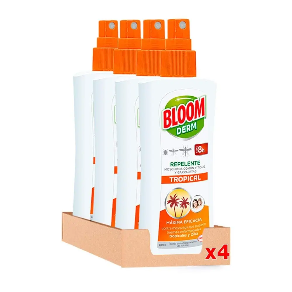 Bloom Derm Loción Tropical (4 x 100 ml), repelente de mosquitos transmisores de enfermedades tropicales