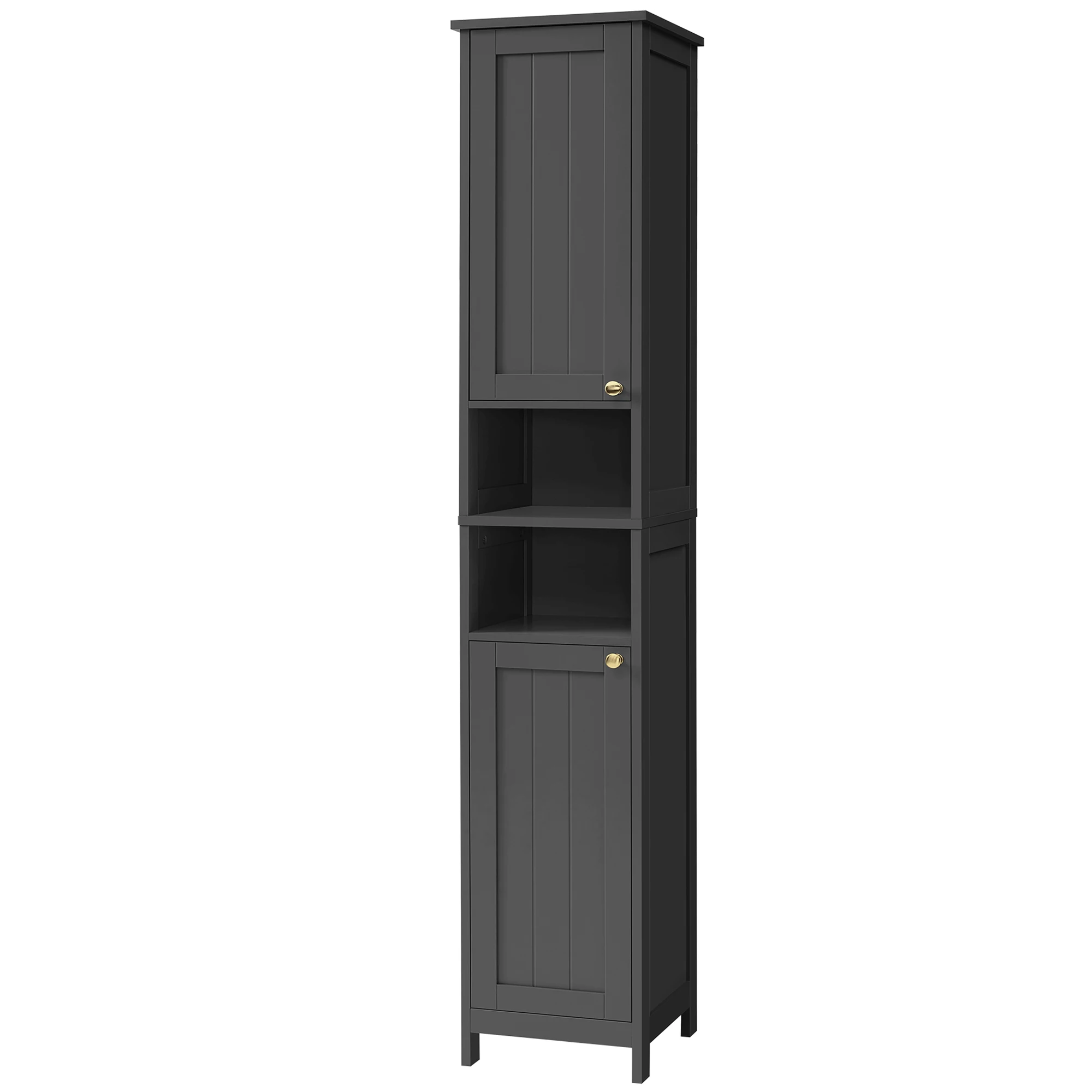 VASAGLE Mobile bagno alto con illuminazione, mobile contenitore sottile, con ripiani regolabili, scomparti aperti, per piccoli spazi, moderno, nero inchiostro/marrone miele