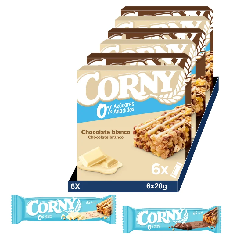 CORNY Pack Mixto Barritas Cereales 0% Azúcar de Chocolate Blanco y Chocolate con leche. 6 Packs de 6x20gr