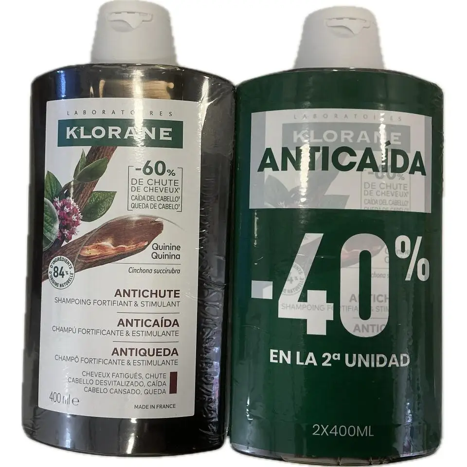 Klorane Champú a la Quinina– Anticaída y Estimulante para Cabello Debilitado – 2x400ml 2ºud 40%