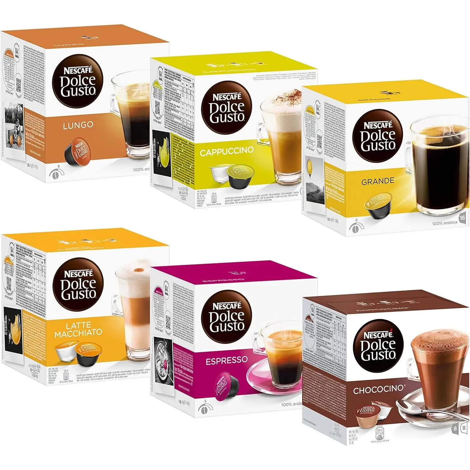 Nescafé Dolce Gusto Set Basic: Lungo, Cappuccino, Latte Macchiato, Espresso, Chococino, Crema Grande, 6 x 16 Cápsulas