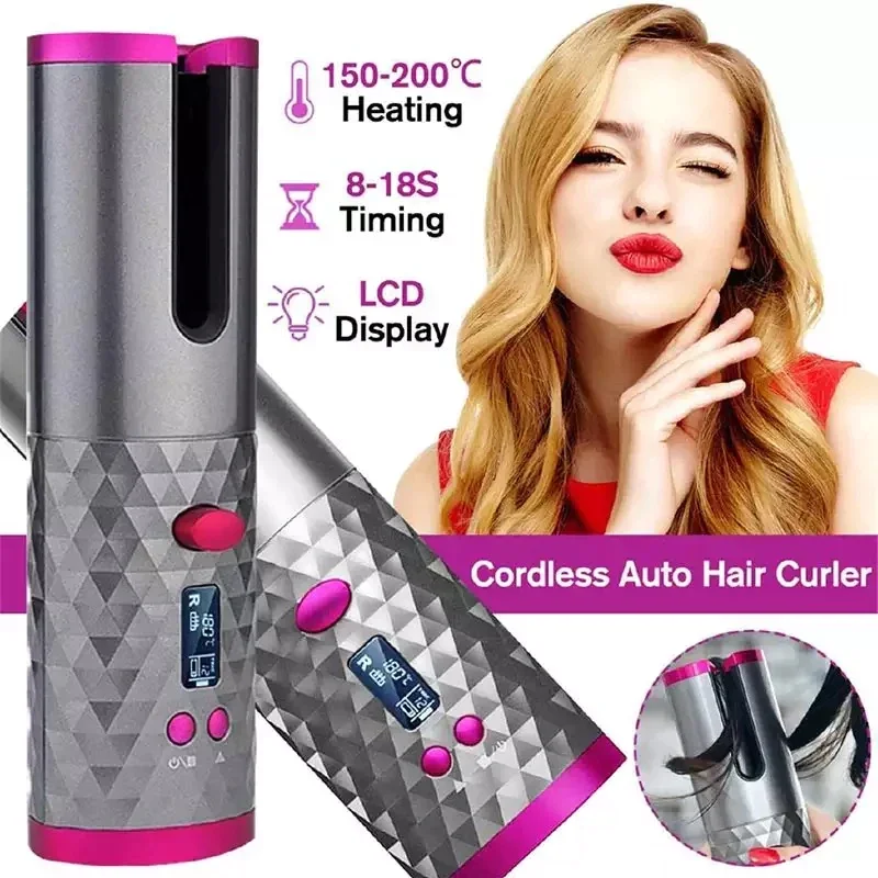 Rizador de pelo automático inalámbrico,rizador de pelo automático portátil, varilla rizadora de calentamiento rápido profesional recargable por USB con temperatura ajustable,para peinar el cabello