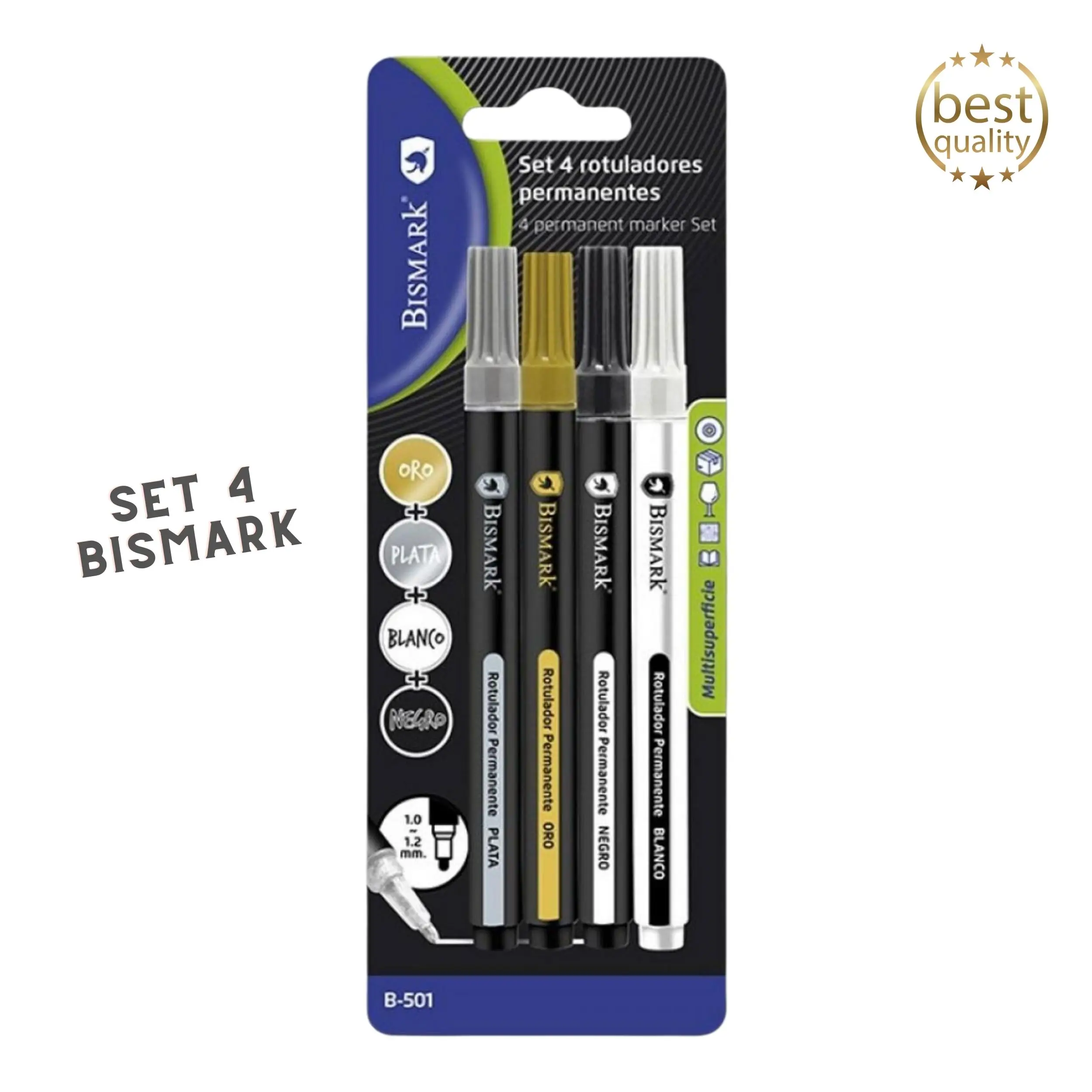 Rotuladores Permanentes Bismark Pack Metálicos Oro/plata/negro/blanco - Alta Calidad de Tinta, Cobertura Uniforme