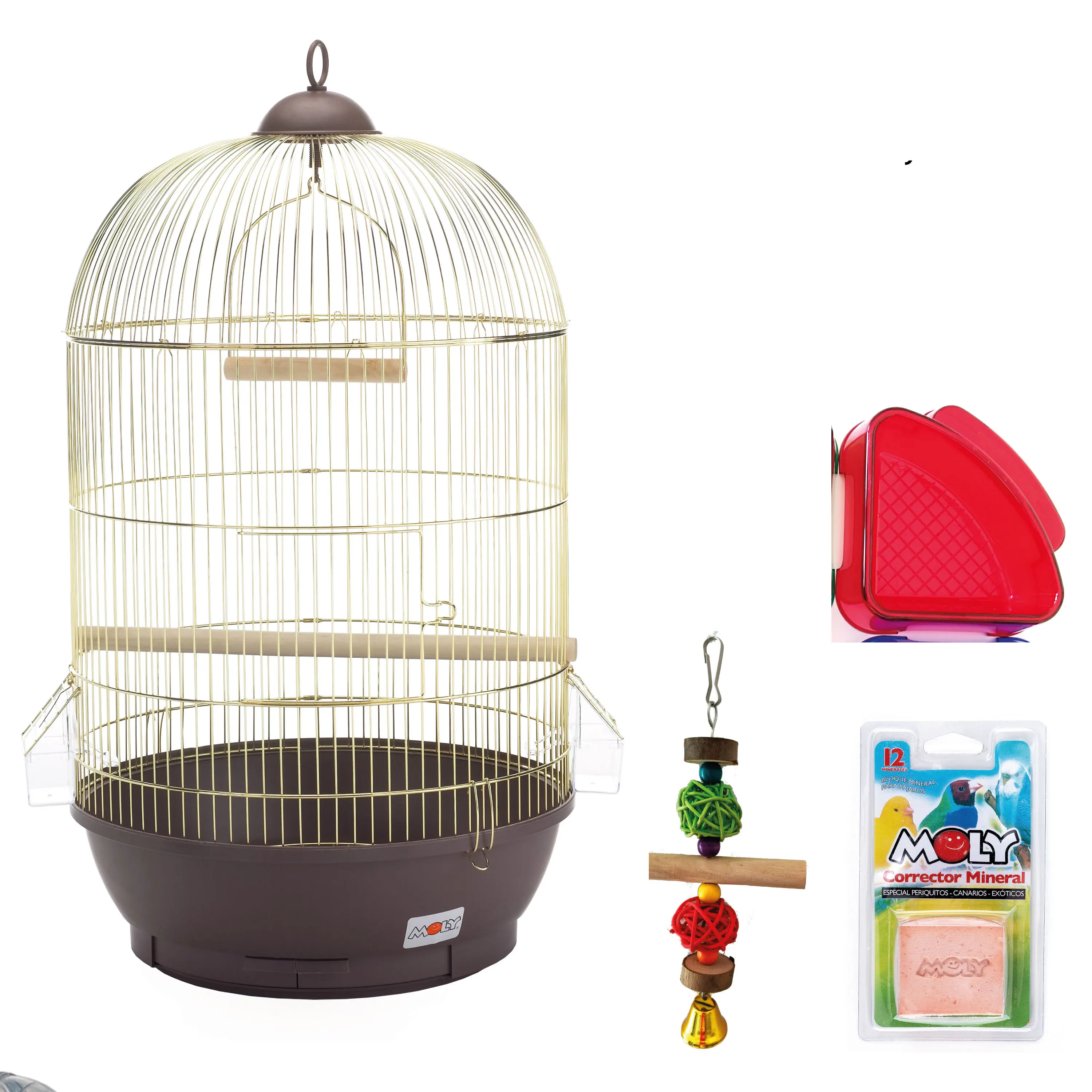 Kit iniciación para pájaros periquitos, ninfas, canarios con Jaula Redonda Juguete de pájaro Calcio de pájaros y Bañera Rinconera