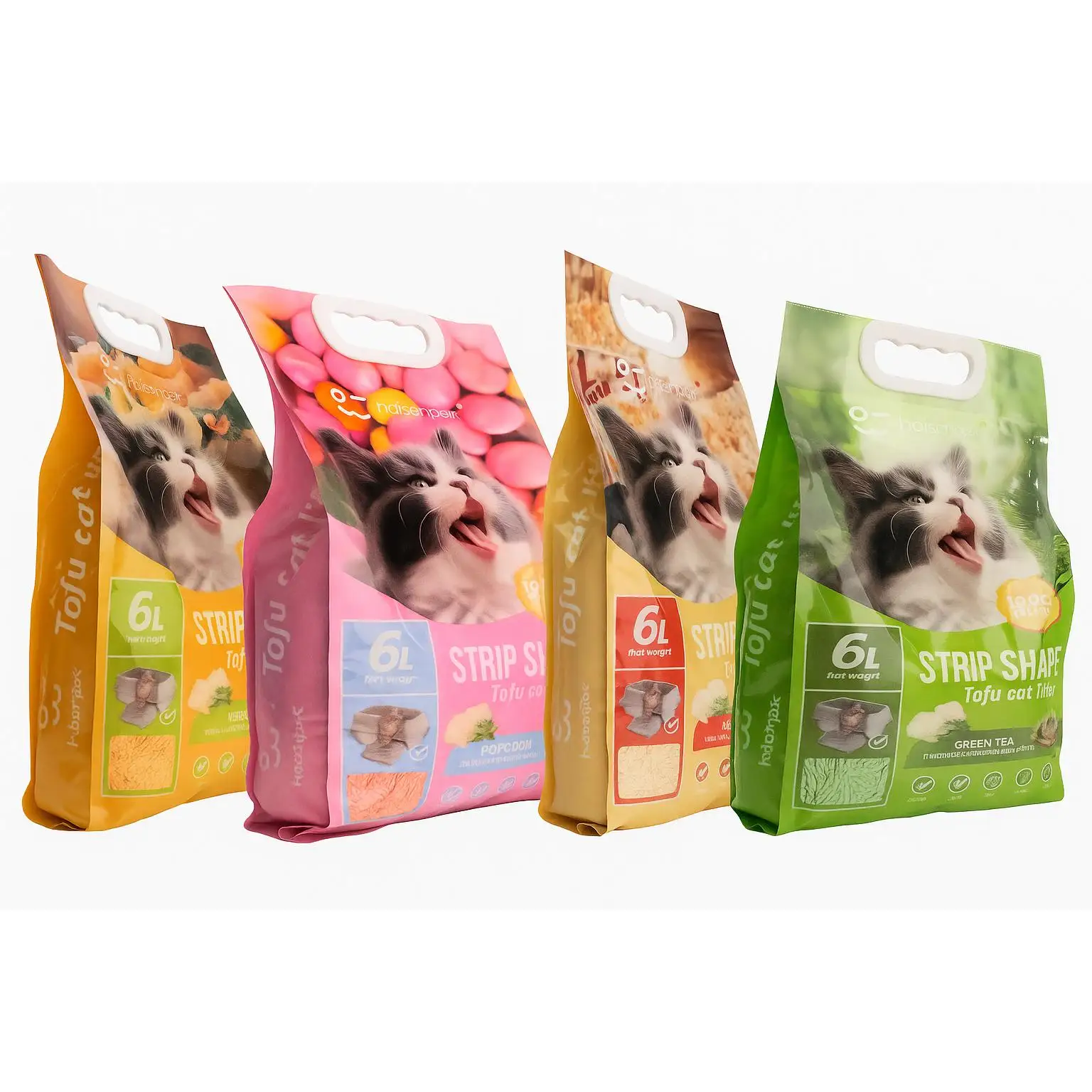 Arena de Tofu para Gatos  Premium con 4 Aromas: Palomitas, Té Verde, Chicle y Melón, 6L (2,6kg), Baja en Polvo, Biodegradable, con Regalos Incluidos + MOCHILA
