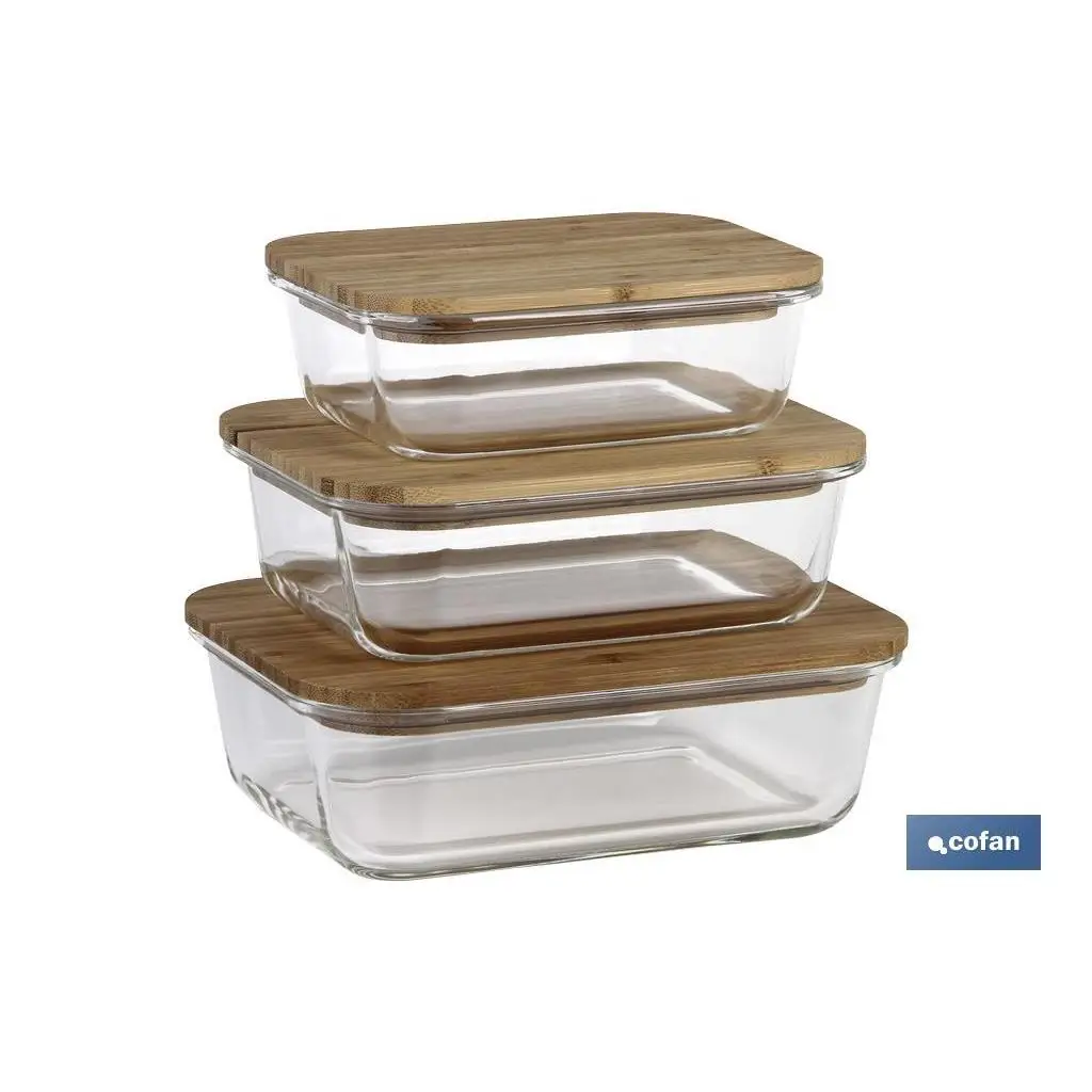 COFAN - Set de 3 Fiambreras Rectangulares de Borosilicato | Modelo Bambú | Tapa de Bambú | Capacidad 640-1040-1520 ml