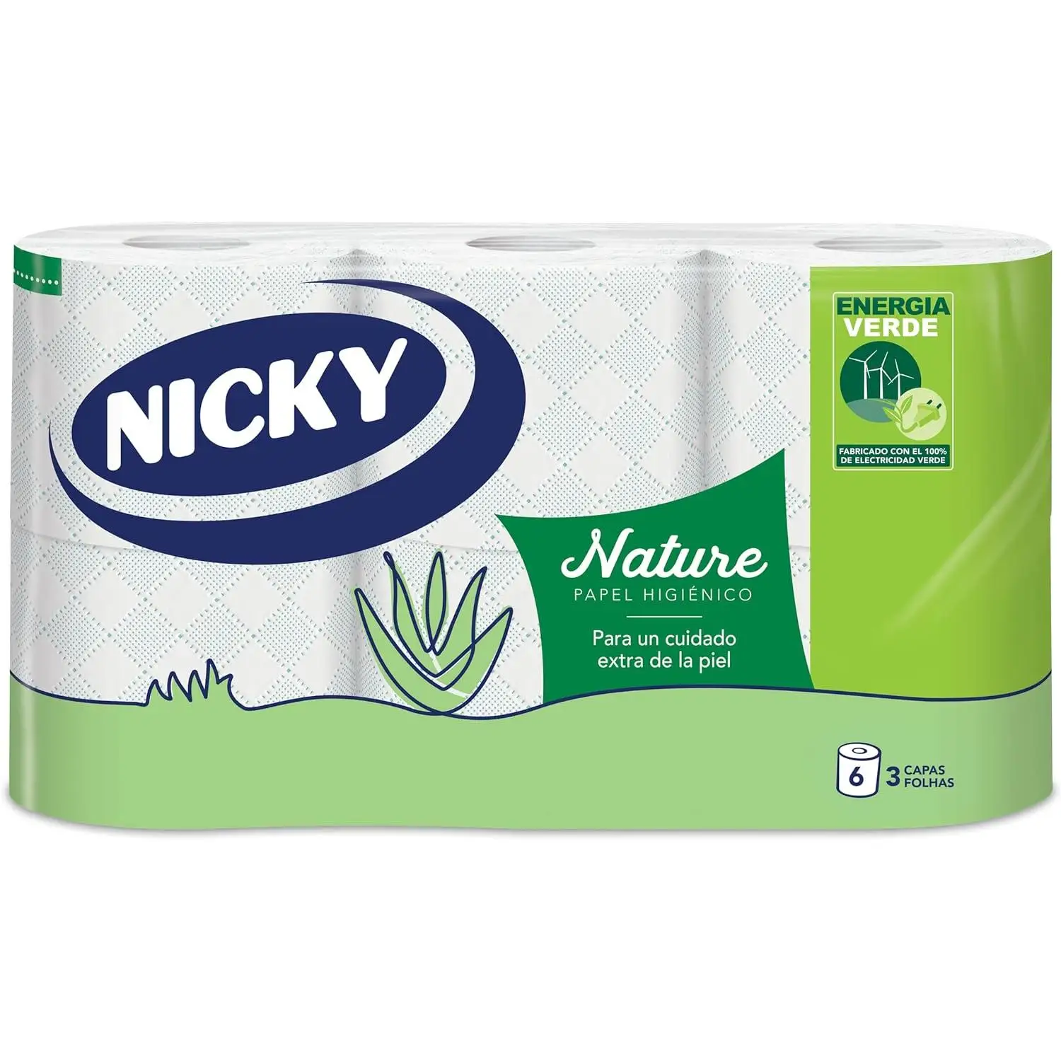 Nicky Nature Papel Higiénico, 6 Rollos, 3 Capas, 170 Servicios Por Rollo. Enriquecido Con Loción De Aloe Vera, color Blanco, 9,8 x 13cm