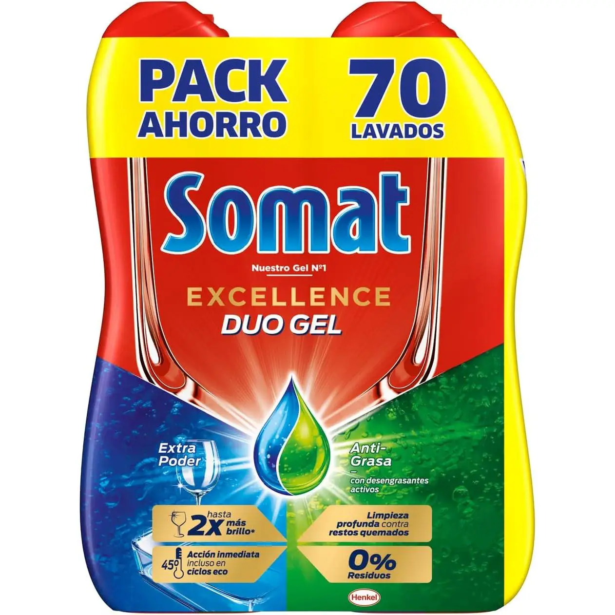 Somat Excellence Gel Anti-Grasa (70 lavados), detergente lavavajillas desengrasante, lavavajilla líquido automático en botella, jabón para platos con desengrasantes activos