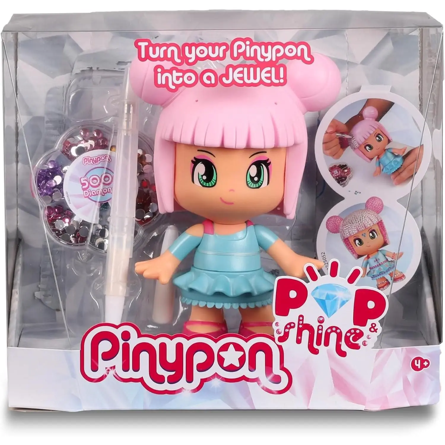 Pinypon Pop  Shine , Muñeca  de 17 cm para  Personalizar con 500 Cristales Brillantes de 7 Colores Diferentes, Famosa PNY57000