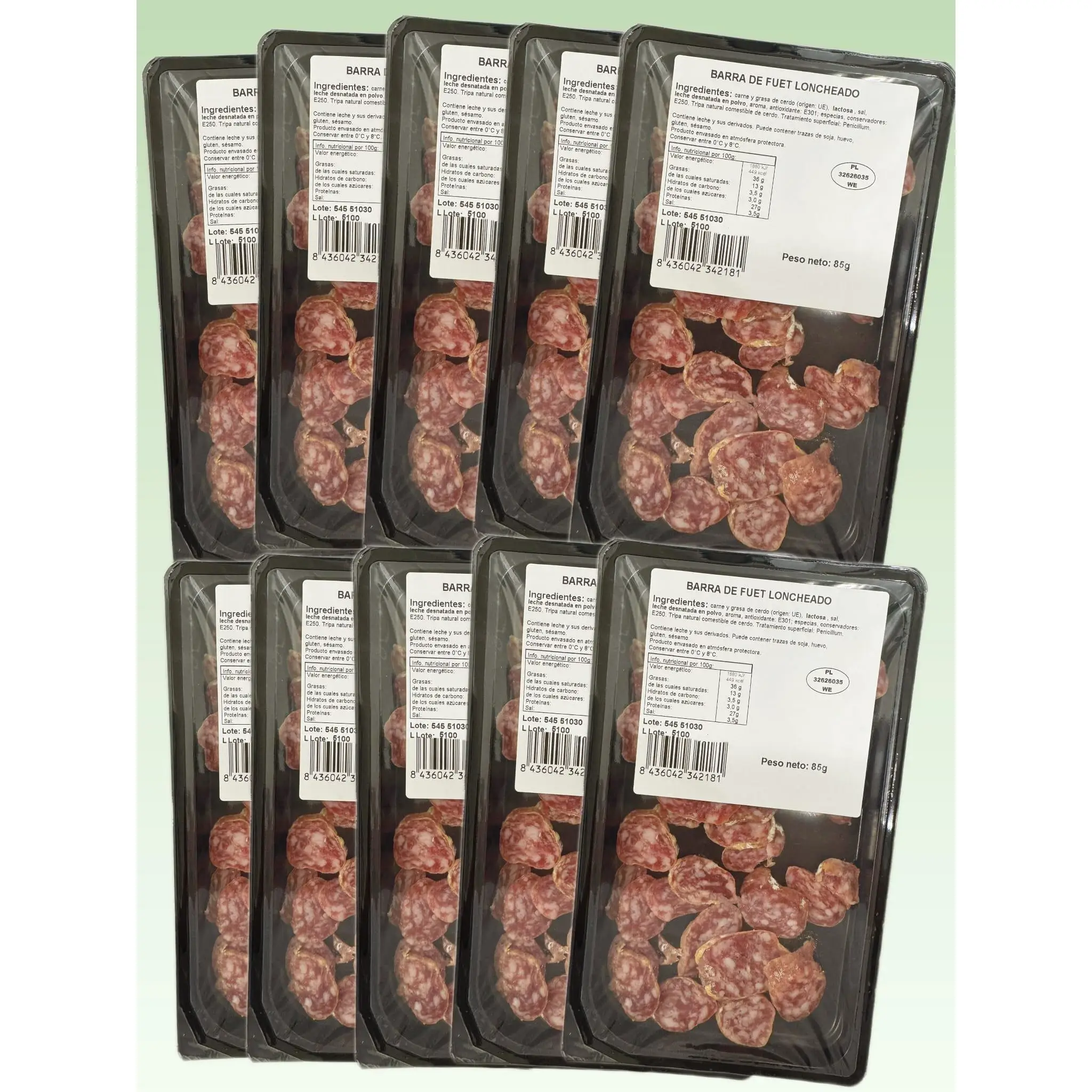 BARRA DE FUET LONCHEADO 85GR - 10 PAQUETES ( TOTAL 850GR )