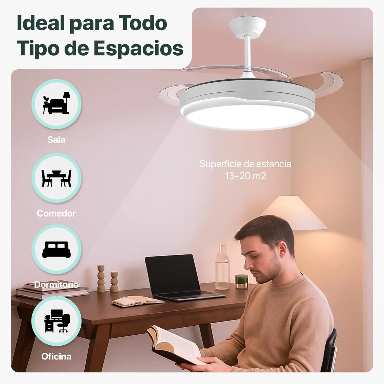 84 w lighted ceiling fan, ultra-quiet, invisible, with remote control and retractable blades, summer-winter function, integrated control, snow white energy class f ostark-leduni