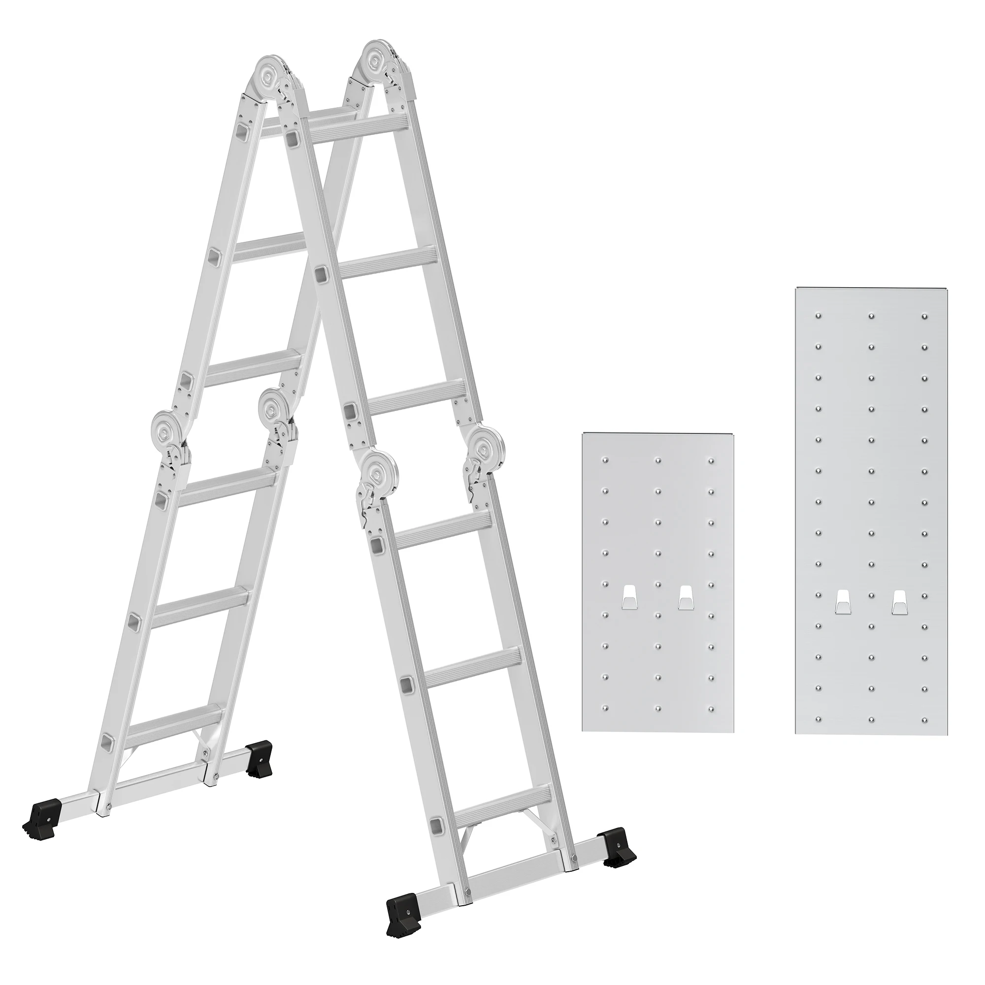 SONGMICS Escalera de Aluminio Multifuncional con 2 Placas MetÁlicas, Escalera Plegable de 4 x 3 PeldaÑos de 331 cm, Carga de 150 kg, Plata