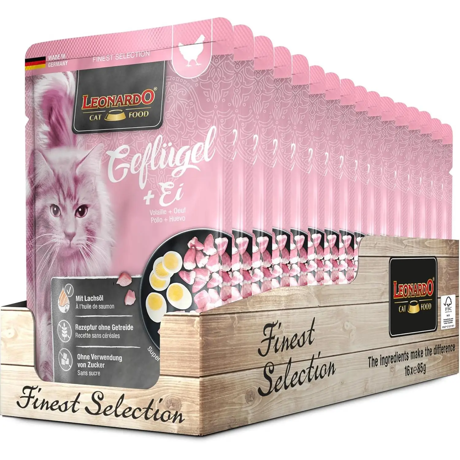 Leonardo bags [16x85g chicken + egg] | Wet food without cereals for cats | Complete food in practical individual rations