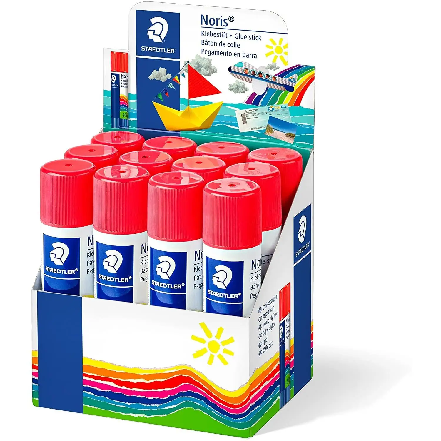 Staedtler noris expositor de 12 barras de pegamento 20gr - sin disolventes - uso escolar - pega papel, cartulina, tejido etc