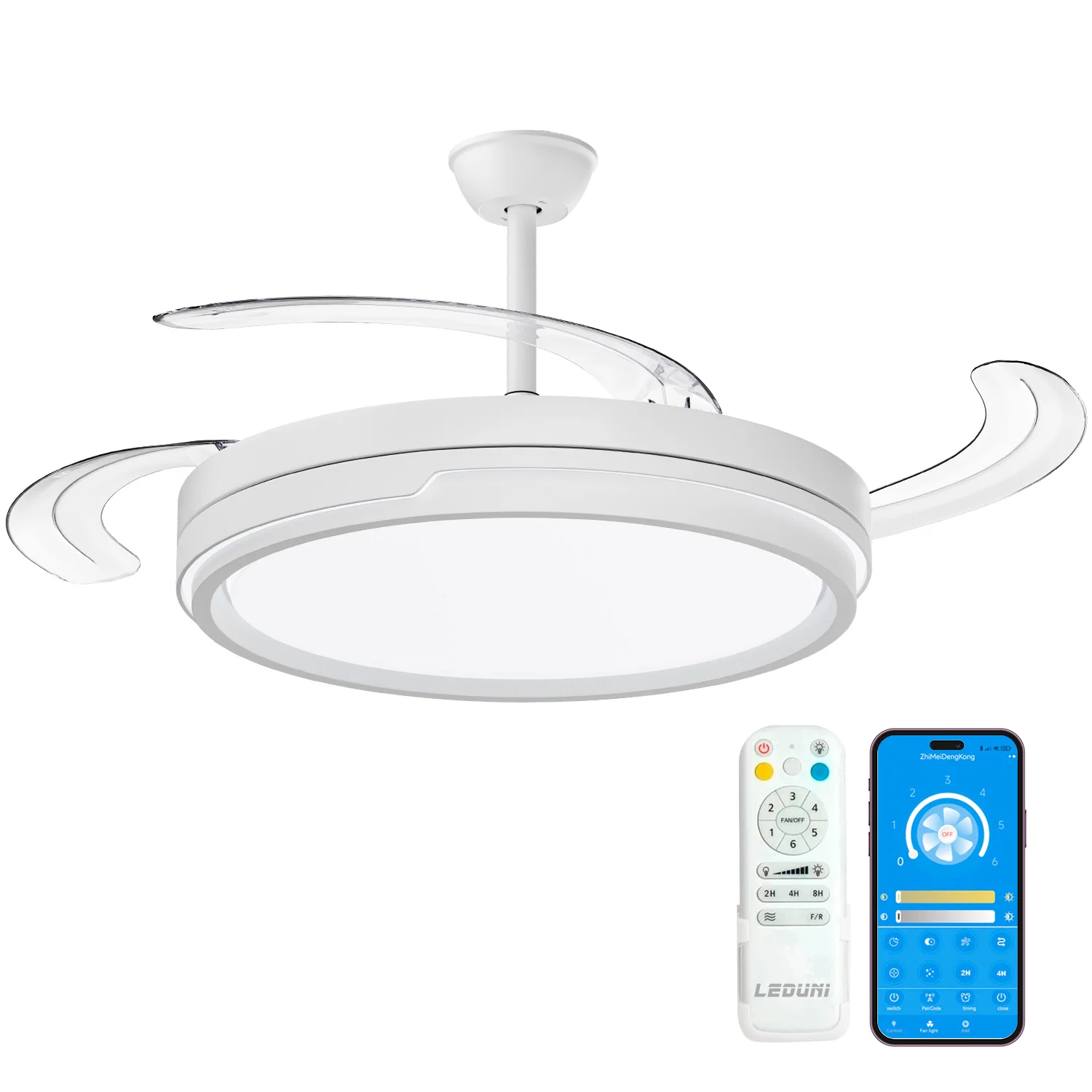 OStarkDom Ventilador techo 96W con luz 66W+30W de Motor DC,Silencioso con Mando a Distancia y Palas Retráctiles Interiores Plafón lluminación función verano-invierno+Control APP OStarkDom-LEDUNI