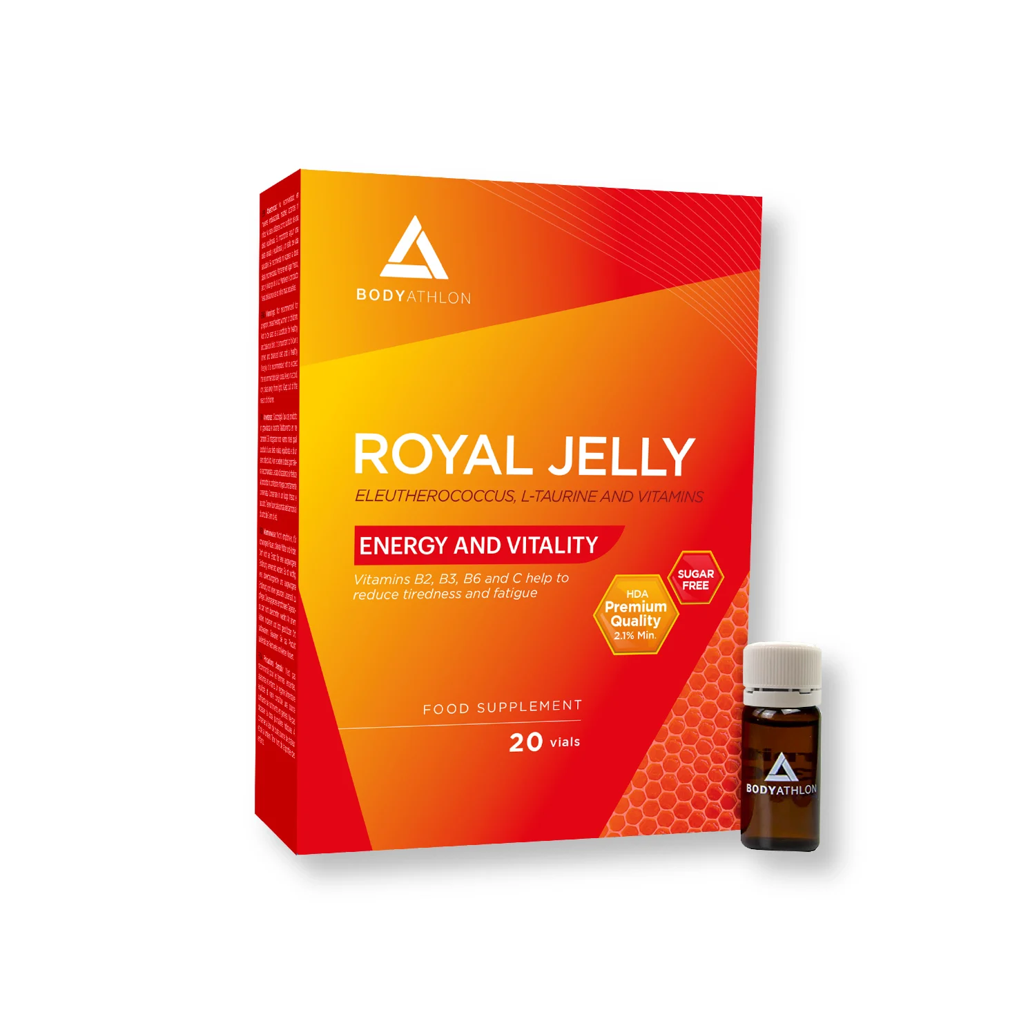 Bodyathlon- Jalea Real +Ginseng +Vitaminas- Energía Extra y Vitalidad 20 Viales- Mejora rendimiento físico e intelectual - Eleuterococo Ginseng siberiano L-Taurina Vitaminas B, C, E