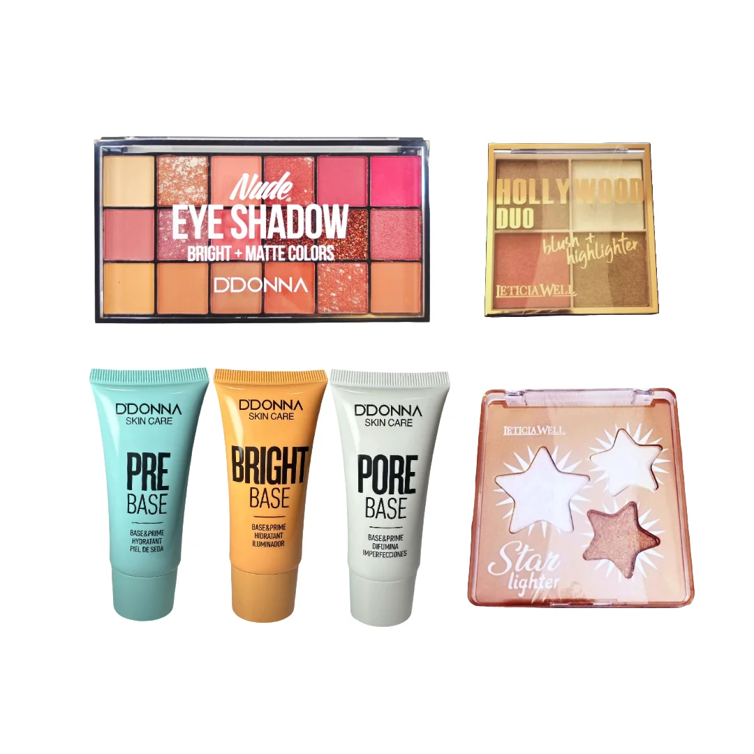 Ddonna cosmetics pack - pre-pore-bright base +nude eyeshadow + hollywood duo blush & illuminator + star lighter